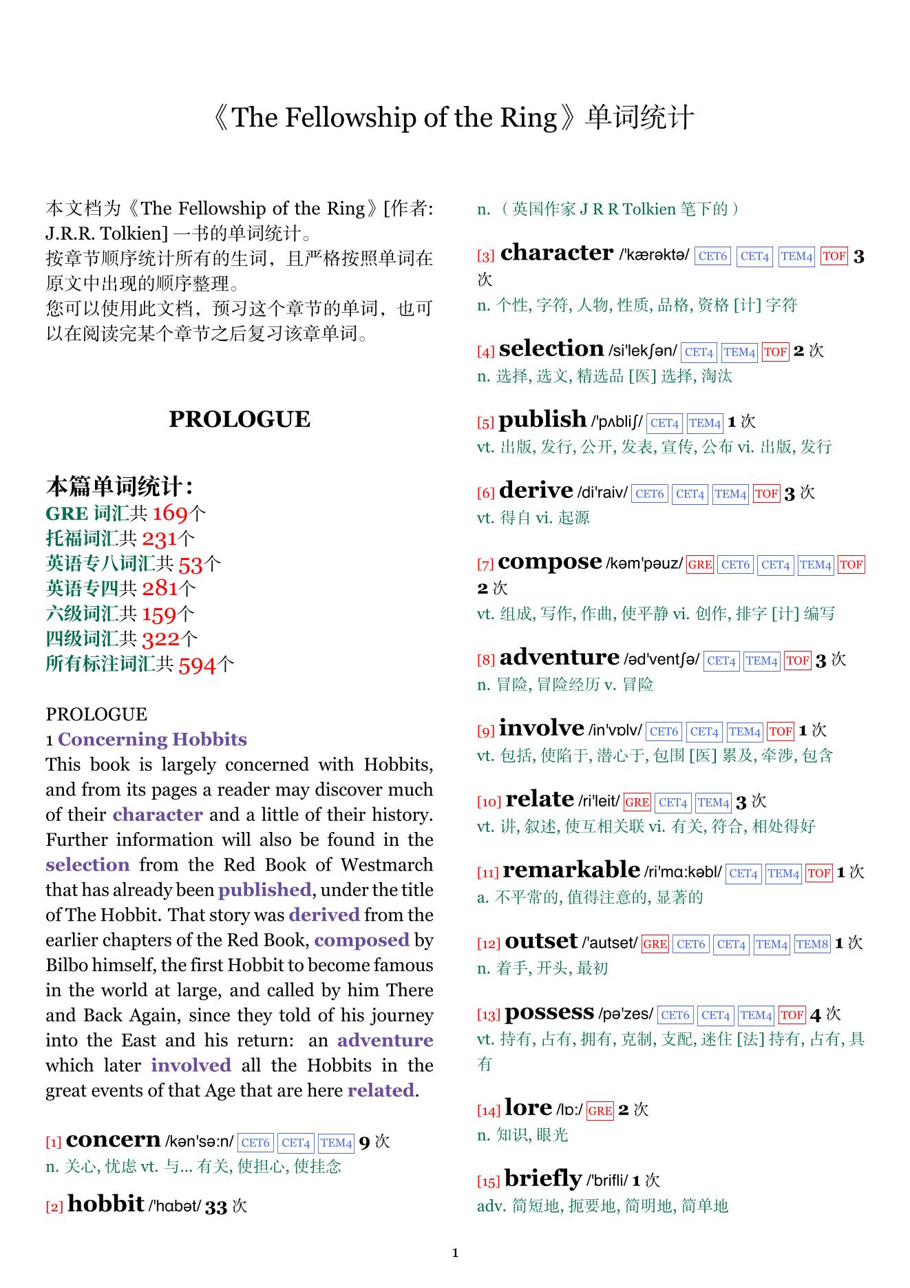The Fellowship of the Ring章节单词统计