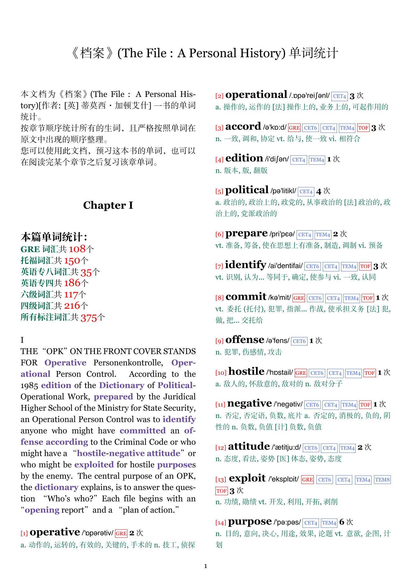 The File : A Personal History章节单词统计