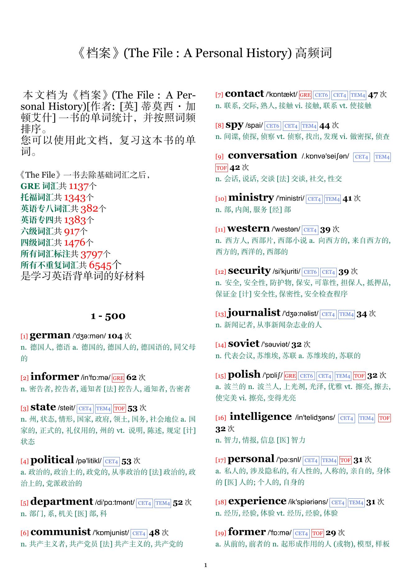 The File : A Personal History词频统计