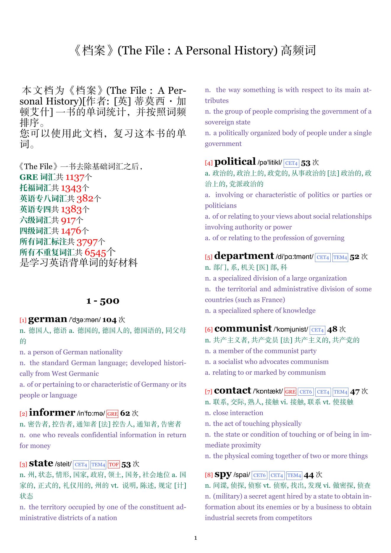 The File : A Personal History词频统计