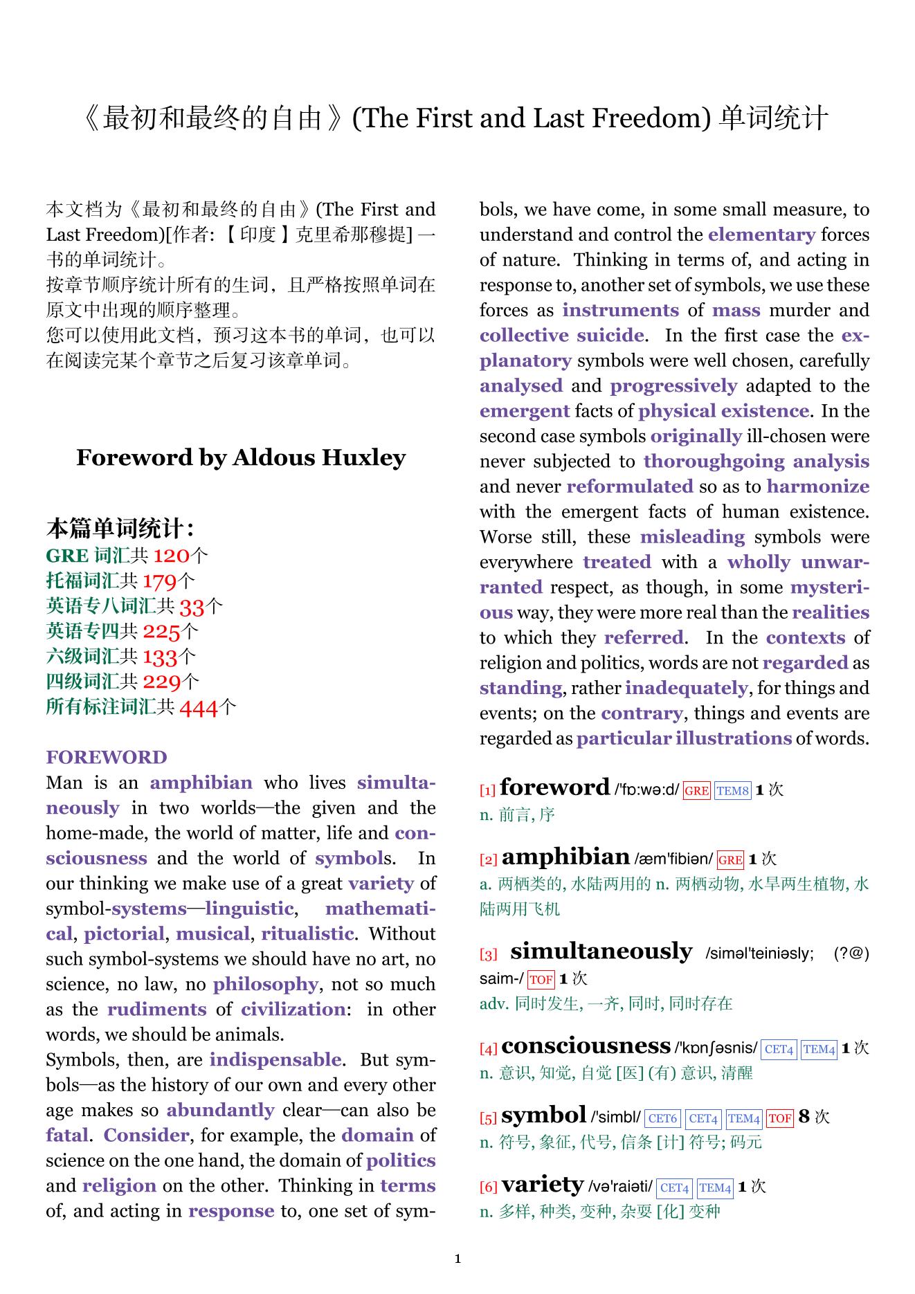 The First and Last Freedom章节单词统计