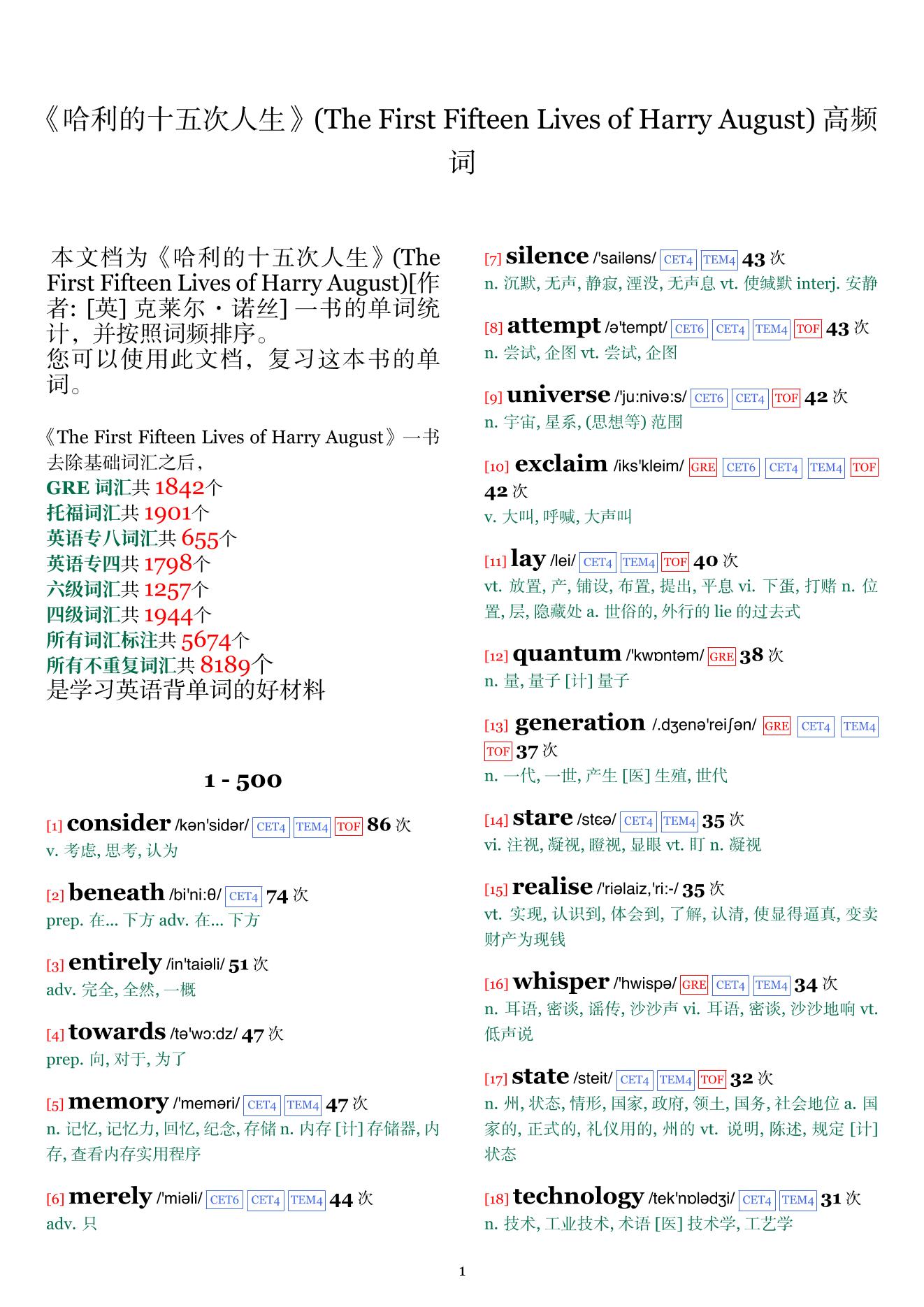 The First Fifteen Lives of Harry August词频统计