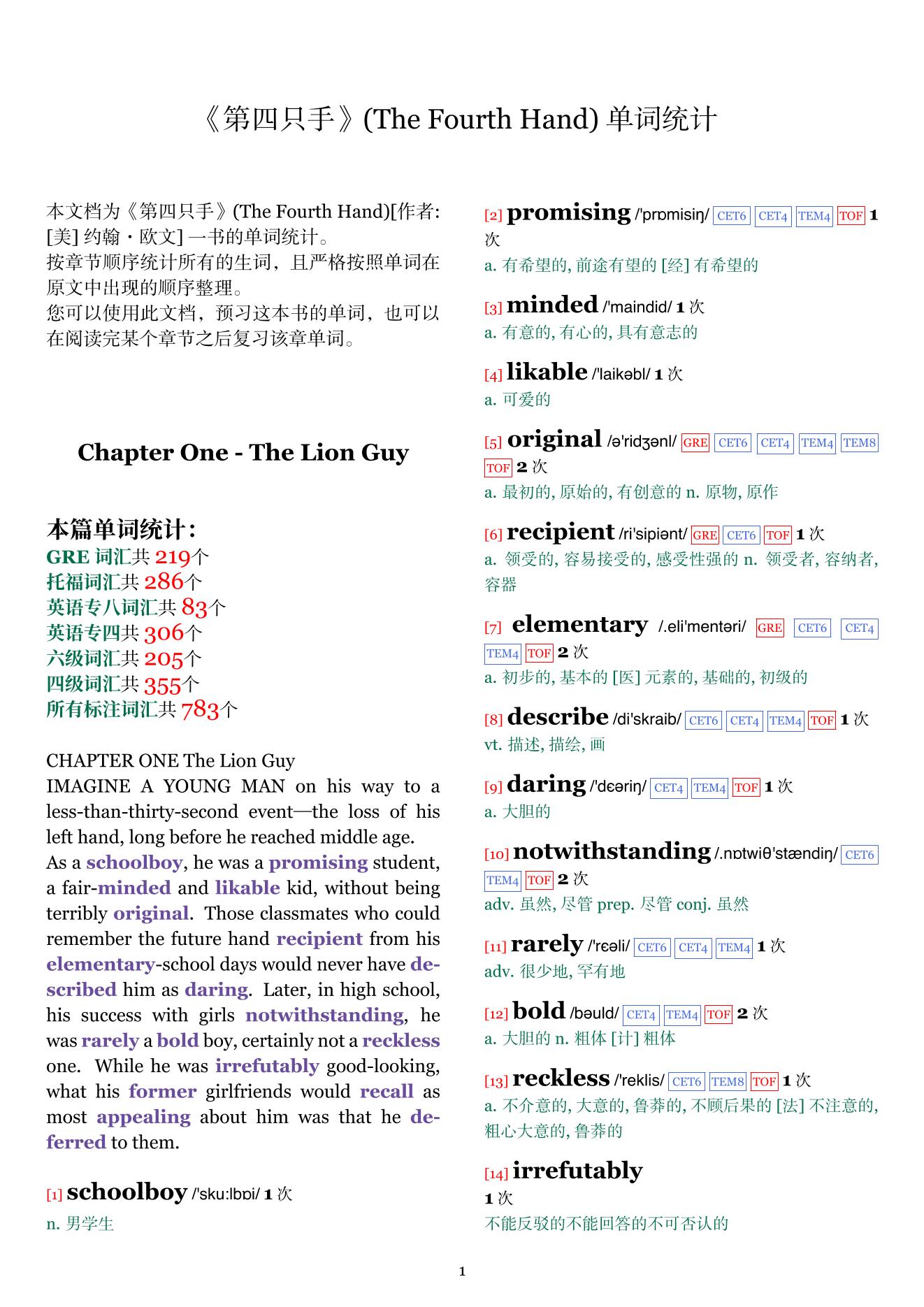 The Fourth Hand章节单词统计