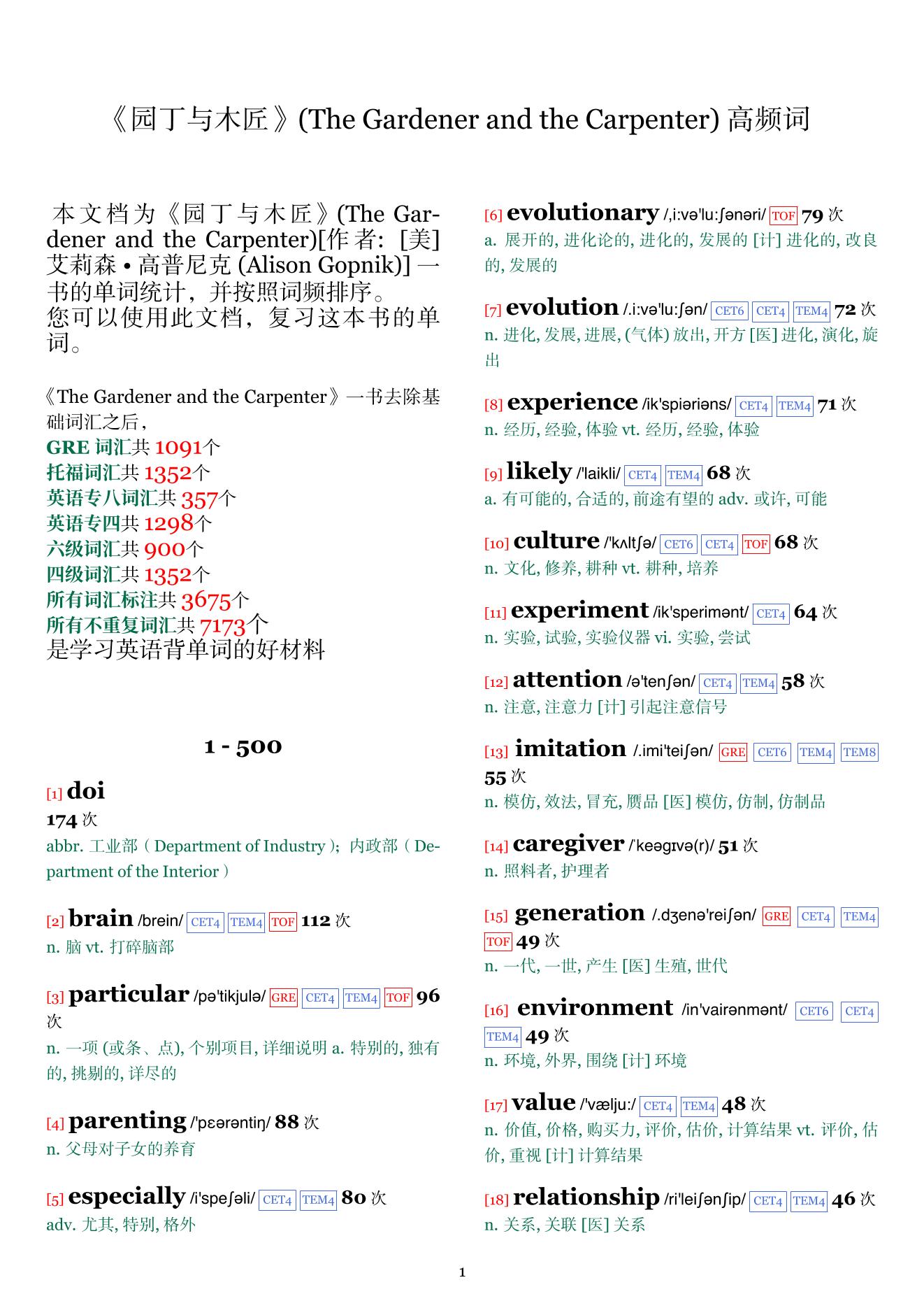 The Gardener and the Carpenter词频统计