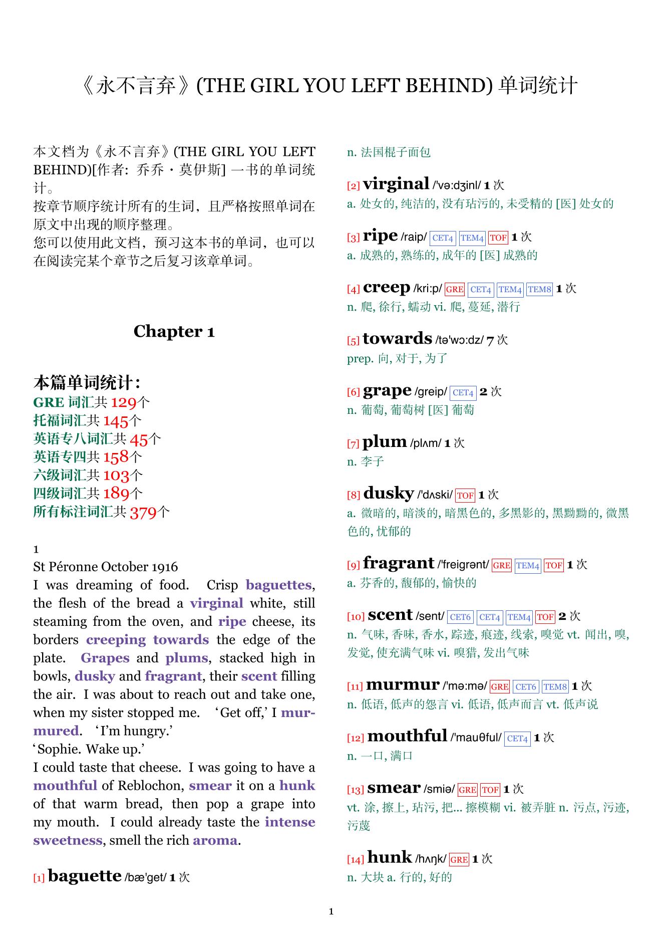 THE GIRL YOU LEFT BEHIND章节单词统计