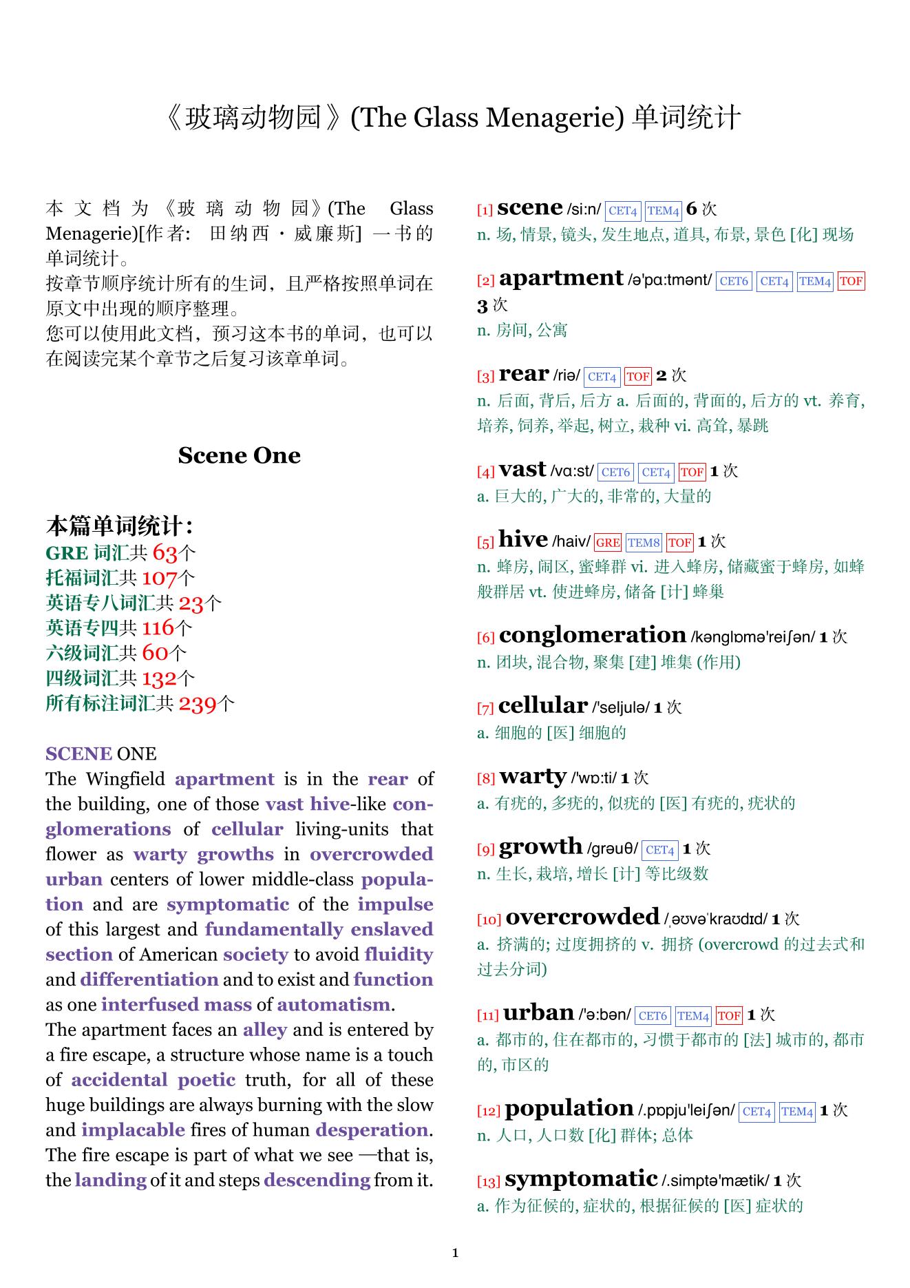 The Glass Menagerie章节单词统计