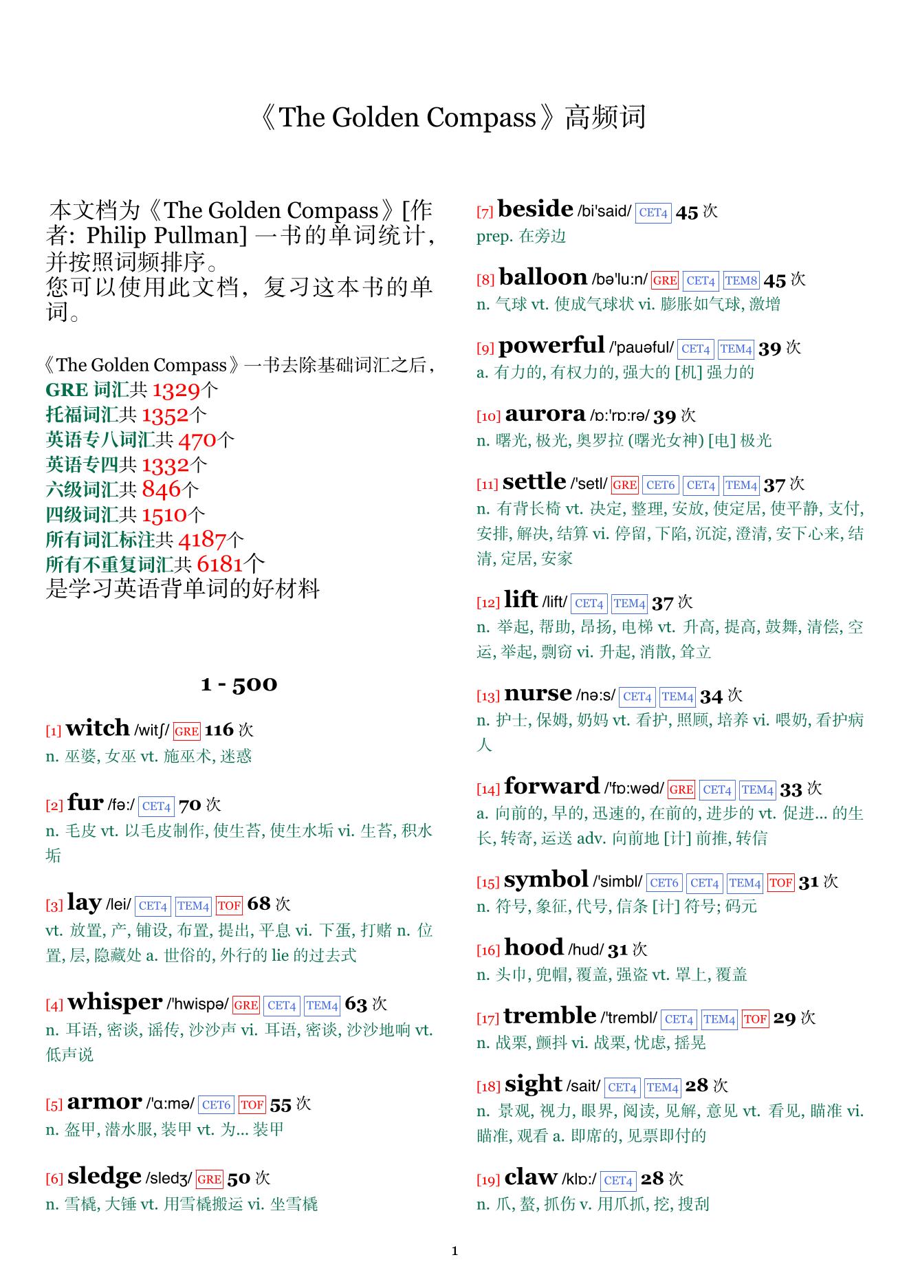 The Golden Compass词频统计