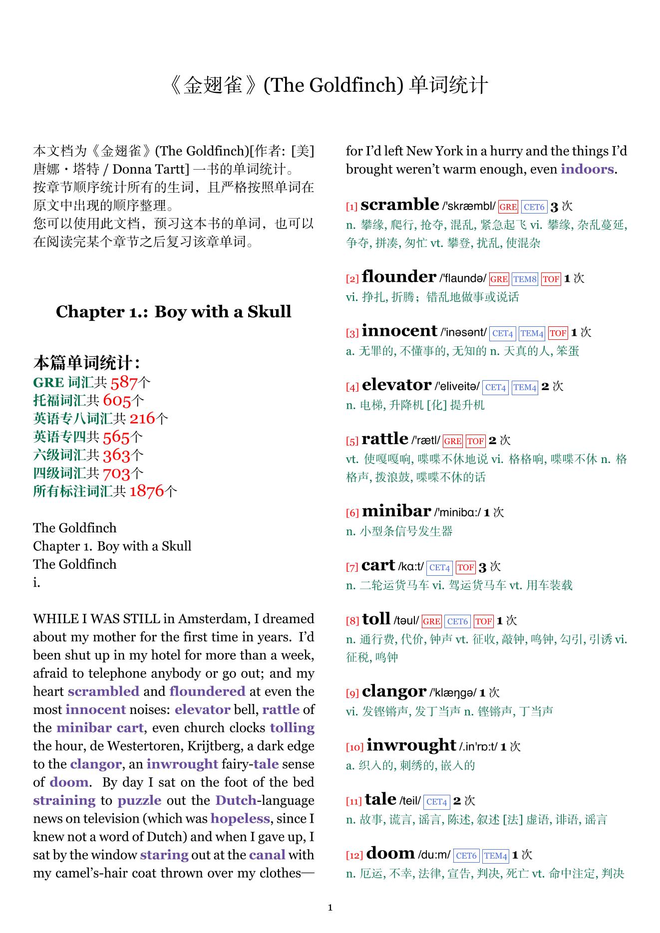 The Goldfinch章节单词统计