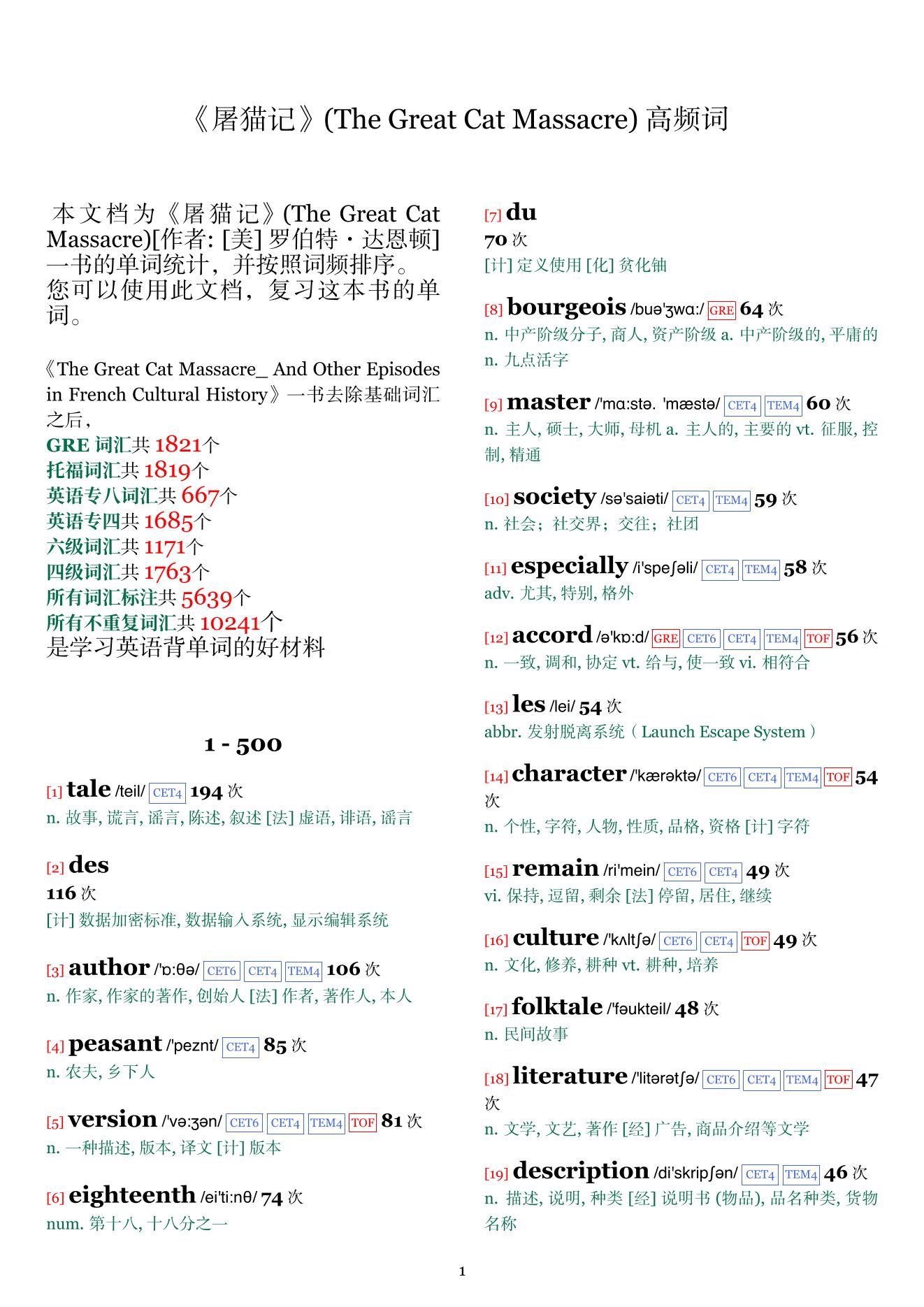 The Great Cat Massacre词频统计