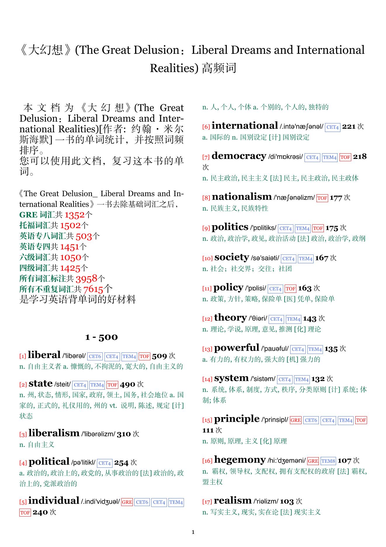 The Great Delusion： Liberal Dreams and International Realities词频统计