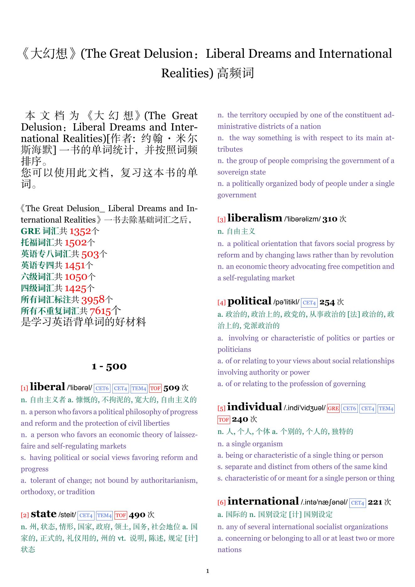 The Great Delusion： Liberal Dreams and International Realities词频统计
