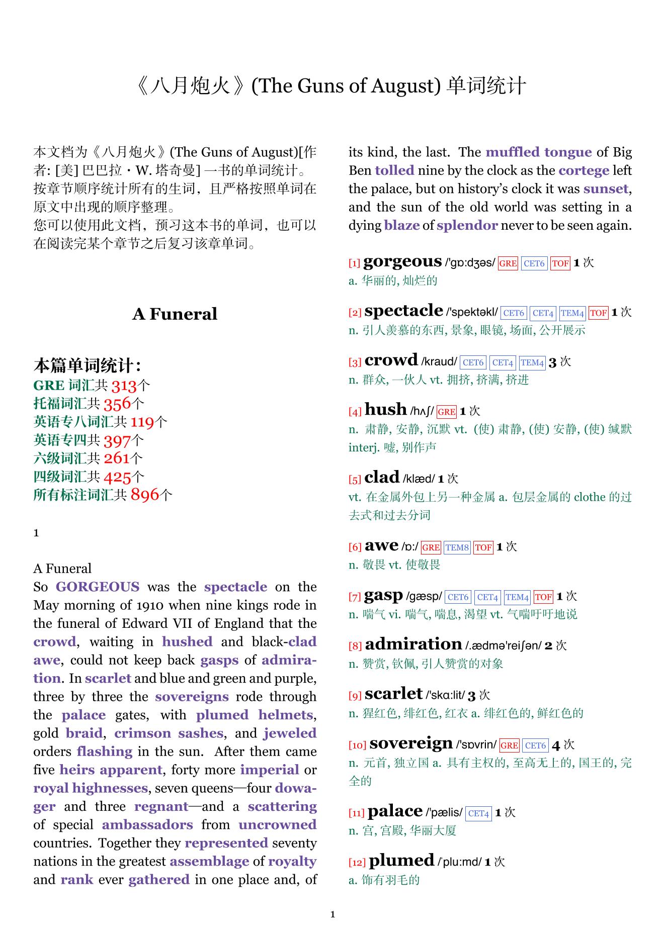 The Guns of August章节单词统计