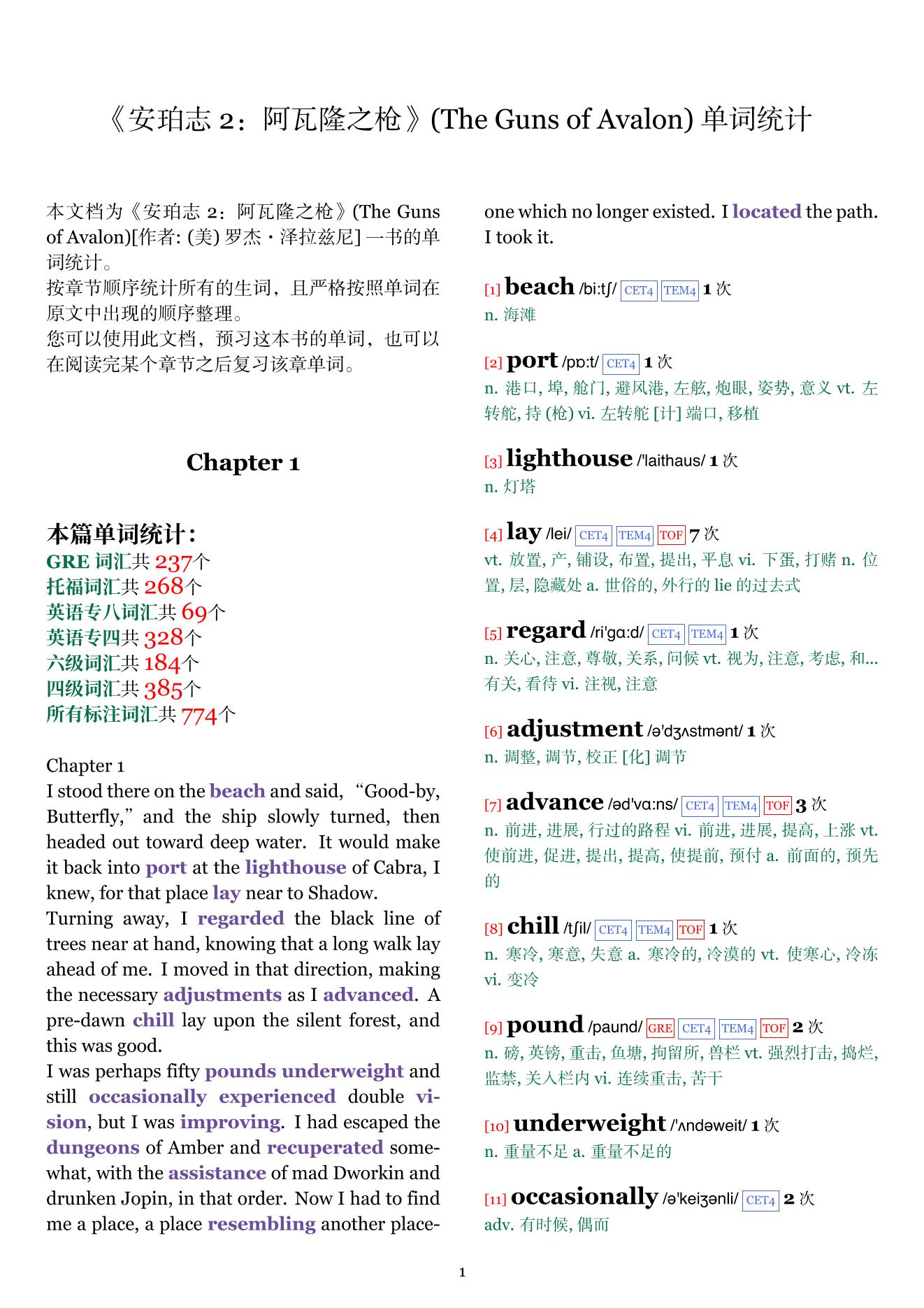 The Guns of Avalon章节单词统计