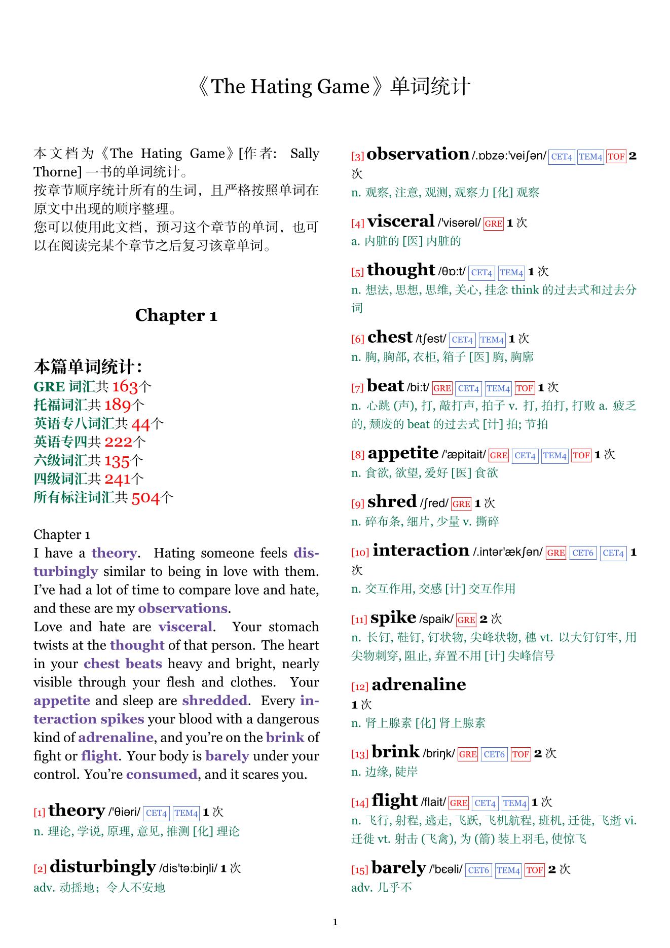 The Hating Game章节单词统计