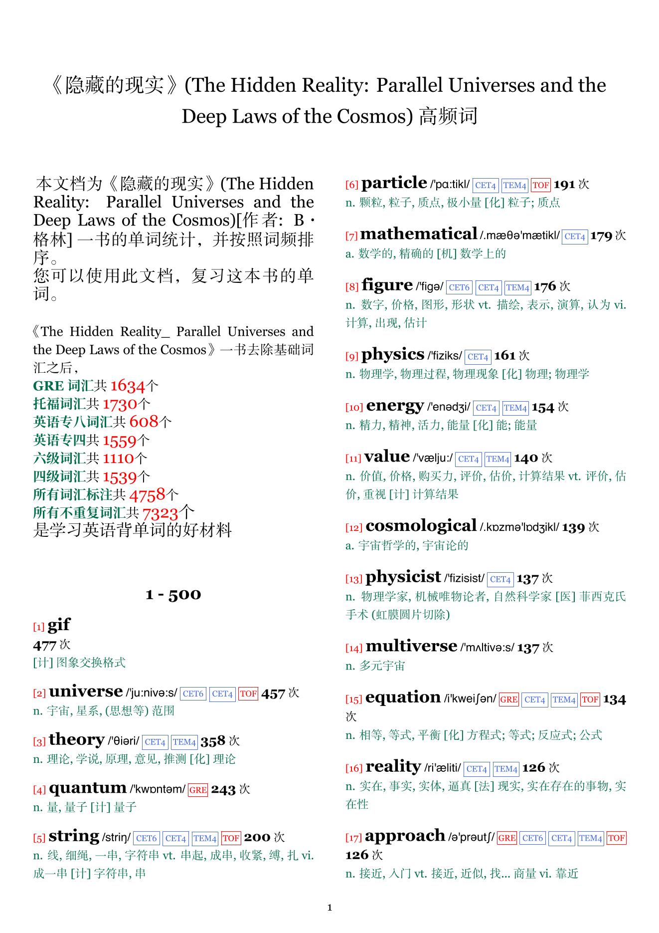 The Hidden Reality: Parallel Universes and the Deep Laws of the Cosmos词频统计