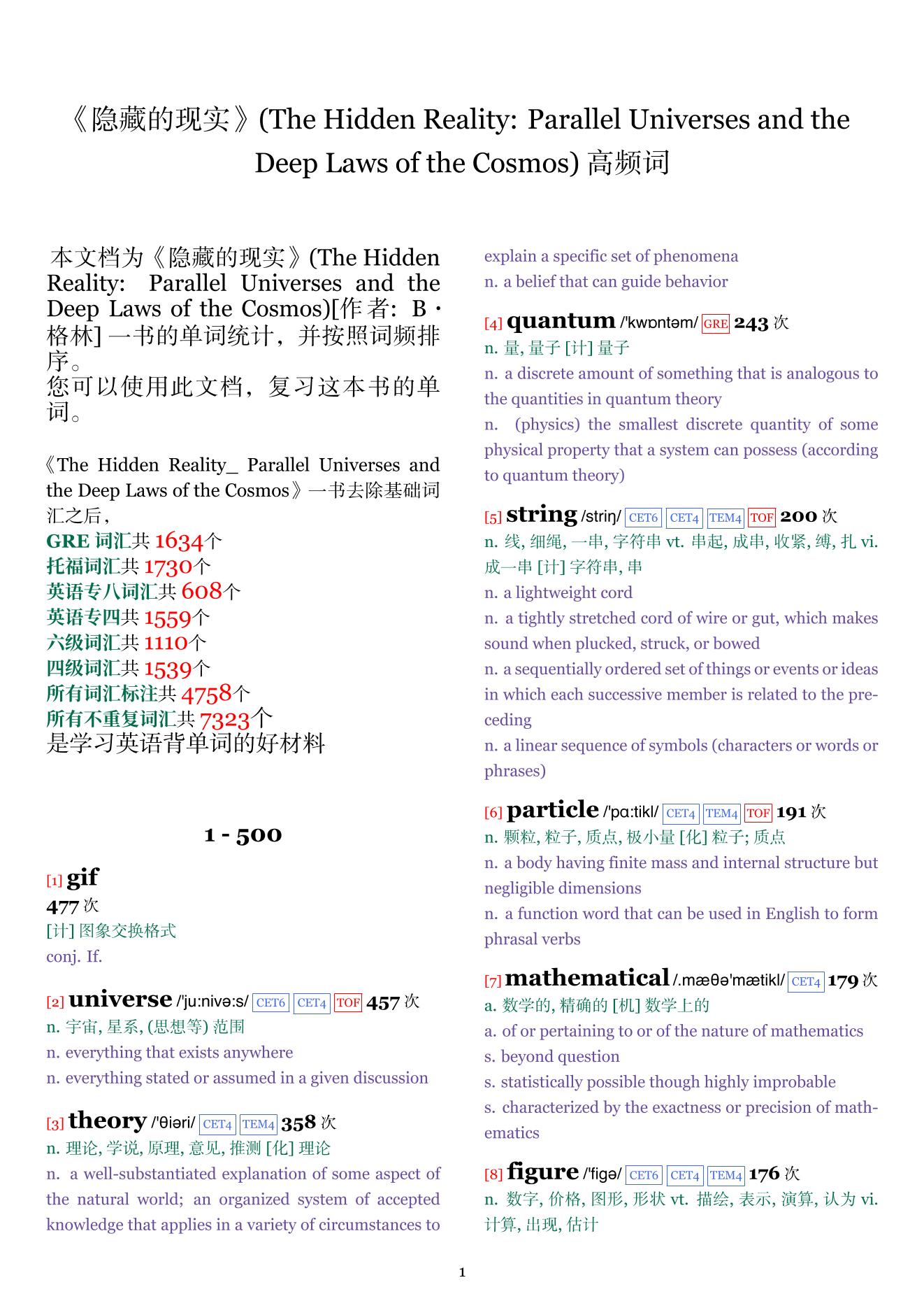 The Hidden Reality: Parallel Universes and the Deep Laws of the Cosmos词频统计