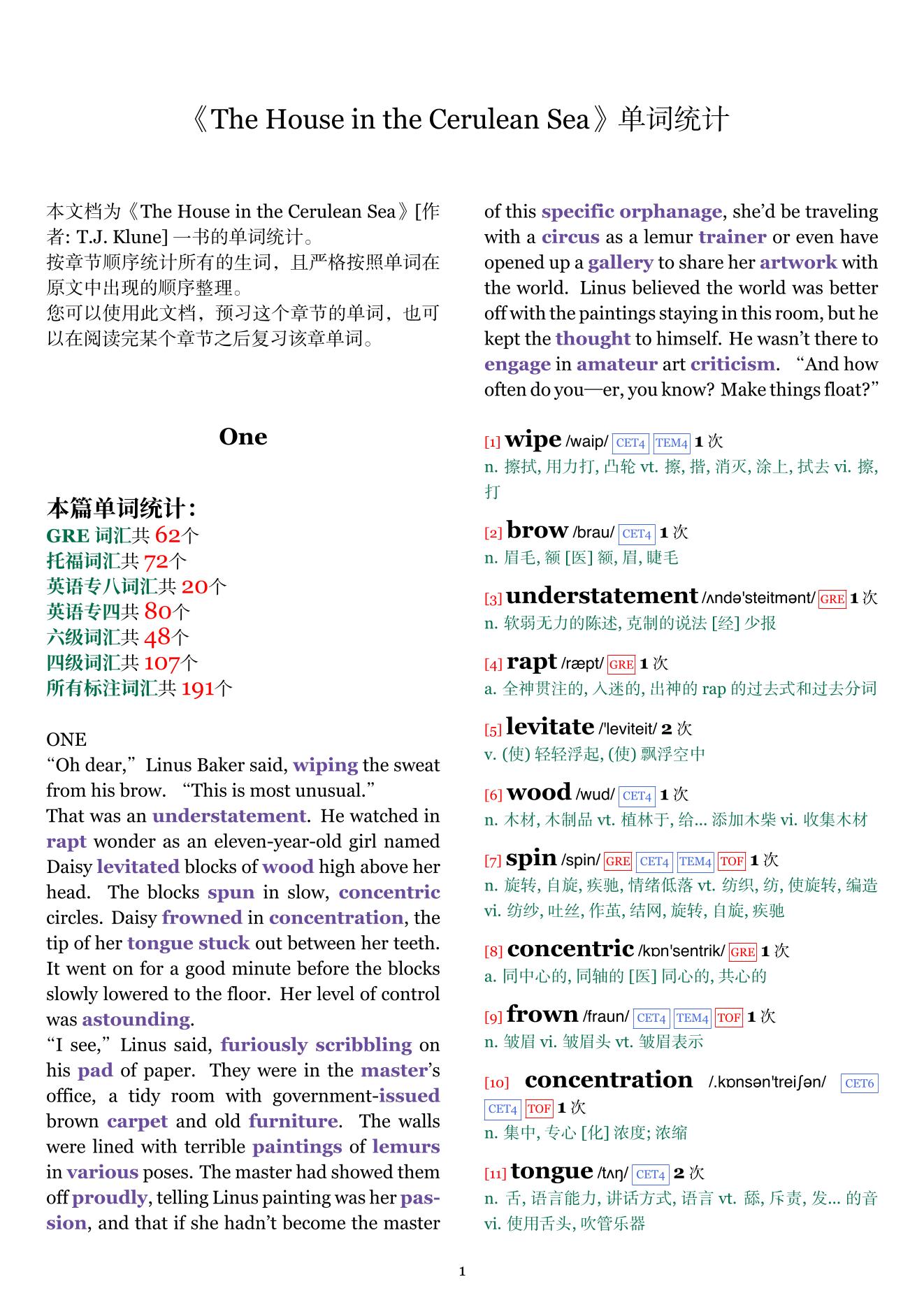 The House in the Cerulean Sea章节单词统计