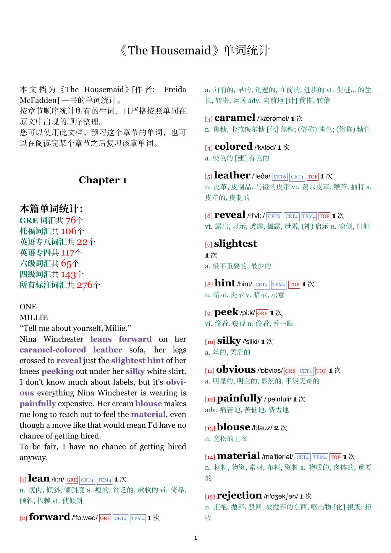 The Housemaid章节单词统计