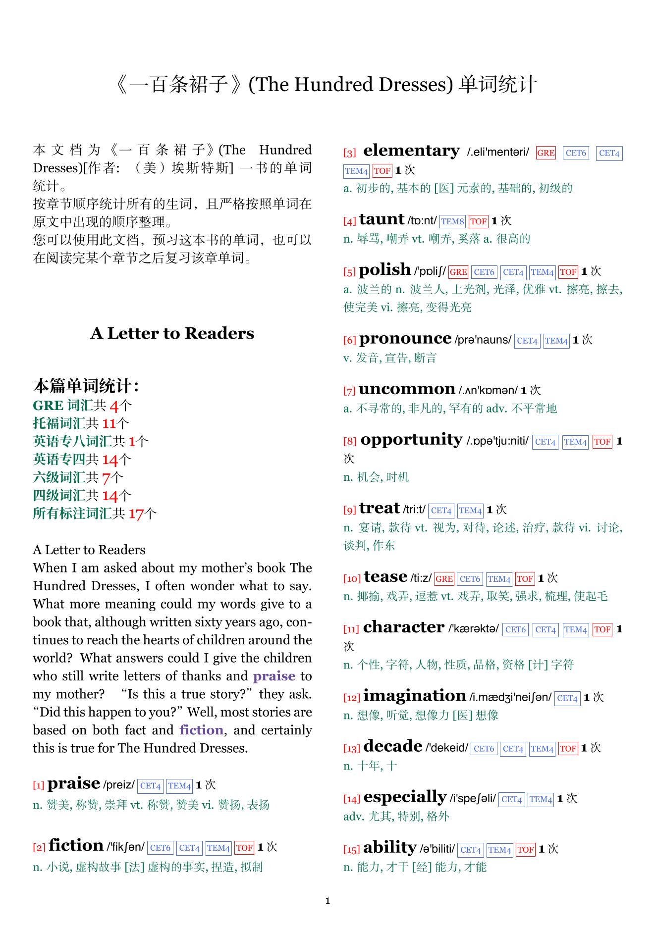 The Hundred Dresses章节单词统计