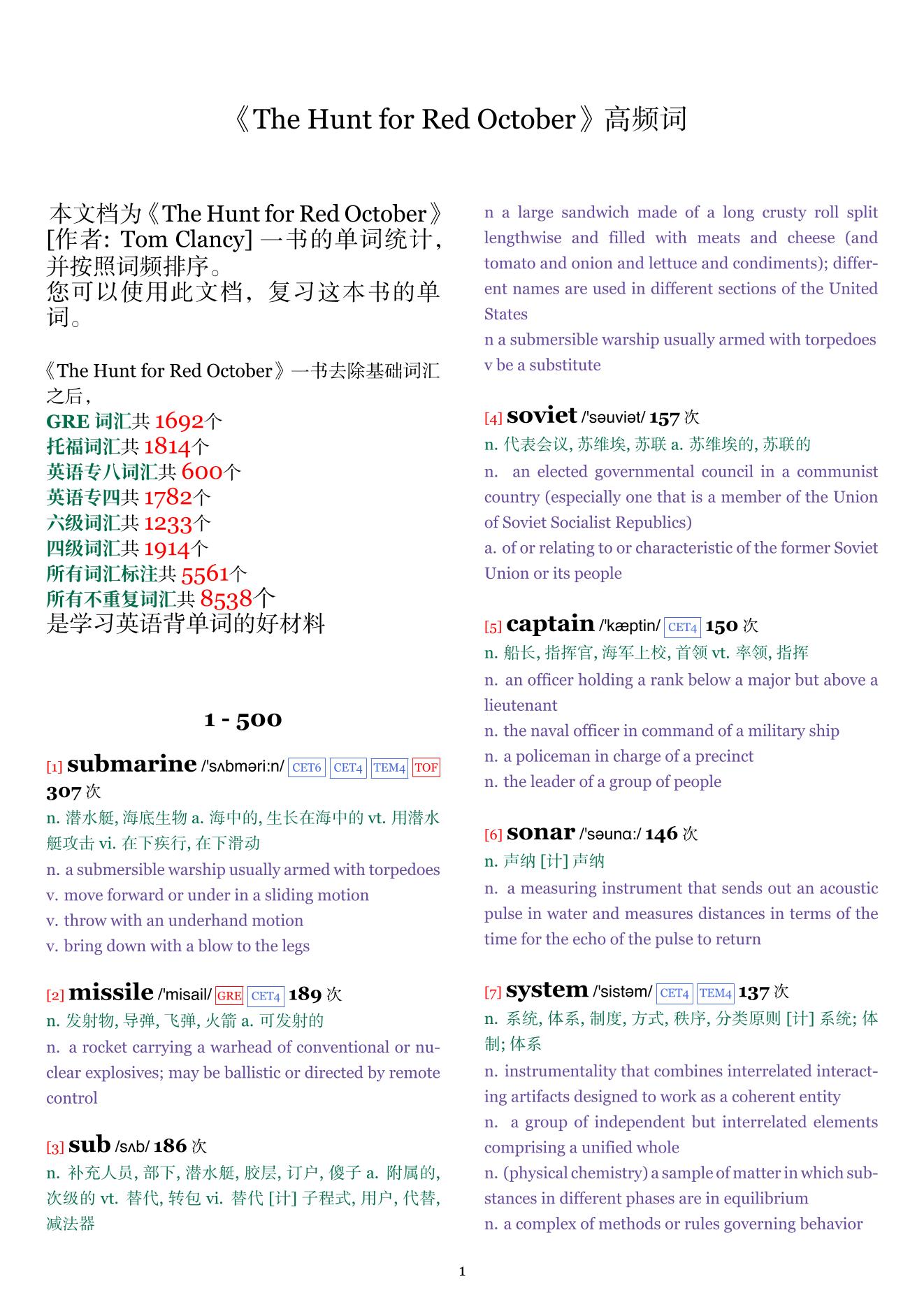 The Hunt for Red October词频统计