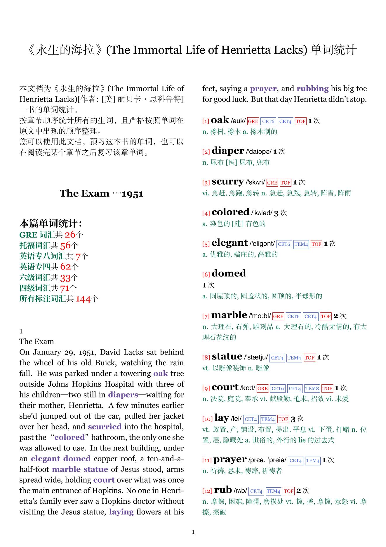 The Immortal Life of Henrietta Lacks章节单词统计