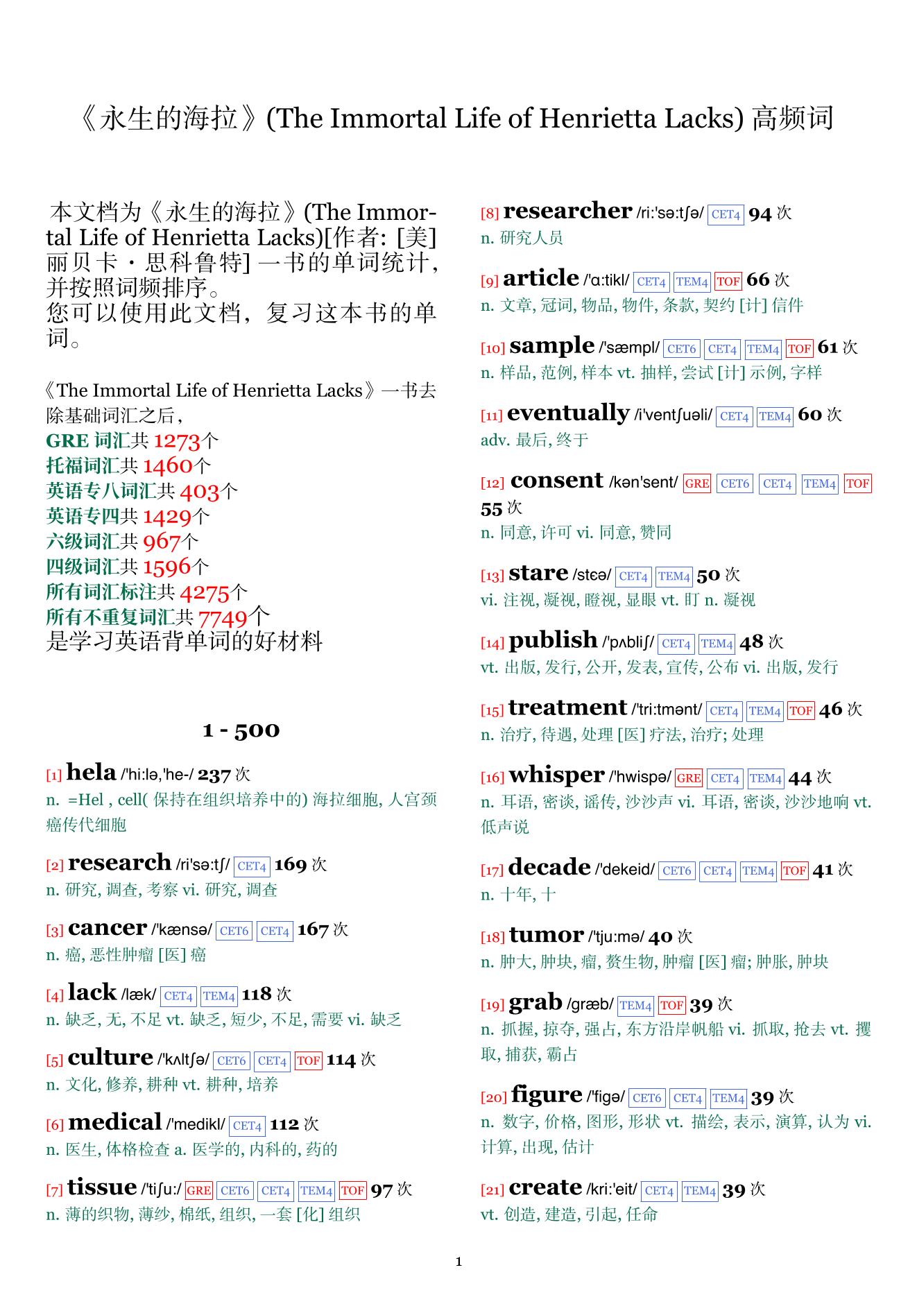 The Immortal Life of Henrietta Lacks词频统计