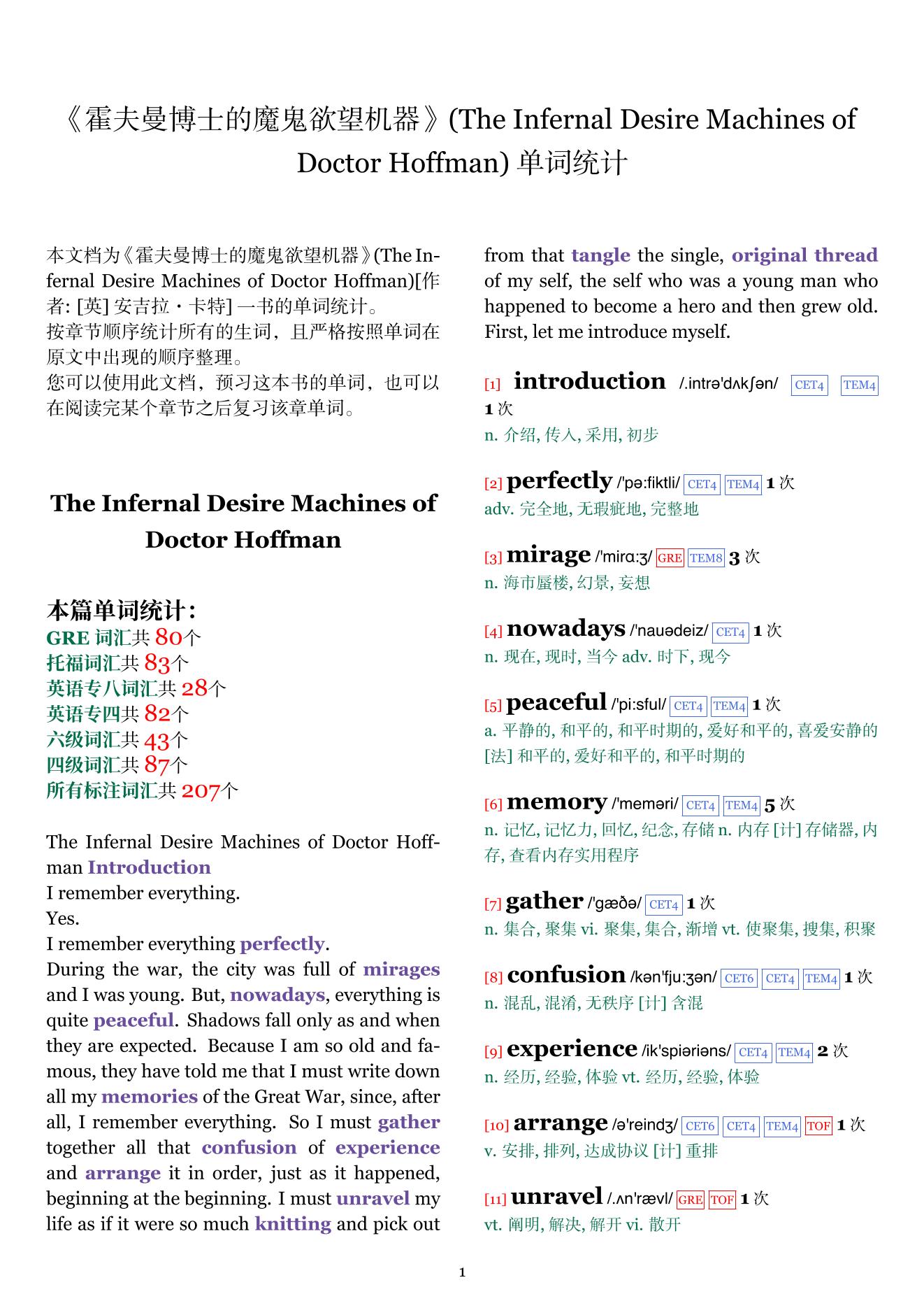 The Infernal Desire Machines of Doctor Hoffman章节单词统计