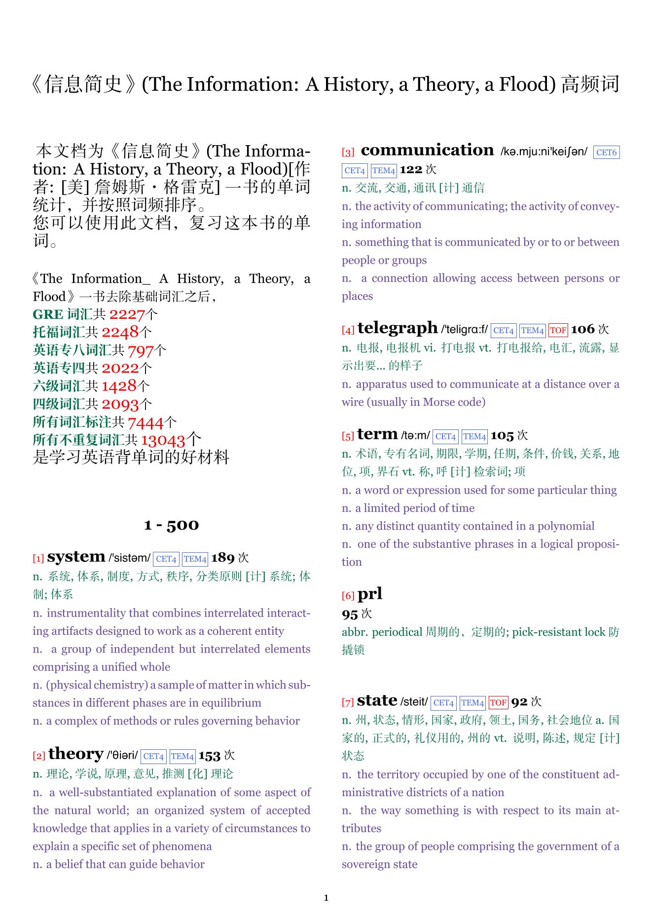 The Information: A History, a Theory, a Flood词频统计