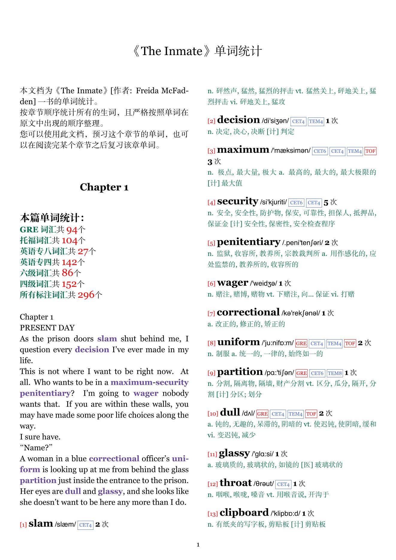 The Inmate章节单词统计