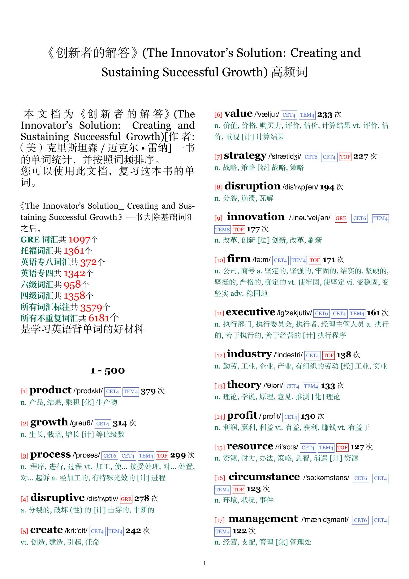 The Innovator's Solution: Creating and Sustaining Successful Growth词频统计