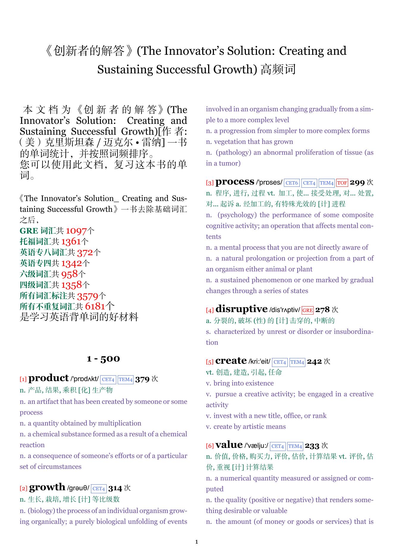 The Innovator's Solution: Creating and Sustaining Successful Growth词频统计