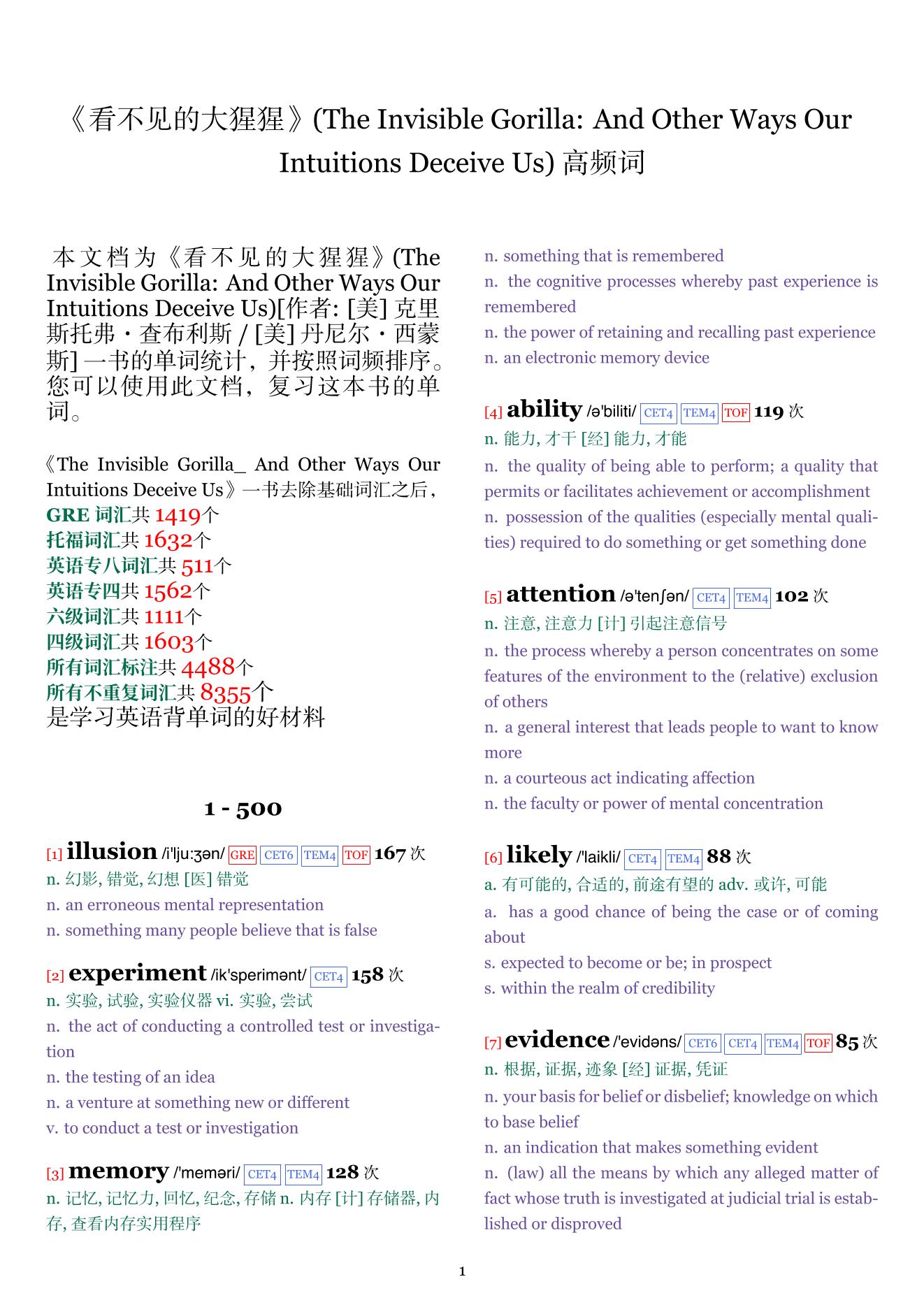 The Invisible Gorilla: And Other Ways Our Intuitions Deceive Us词频统计