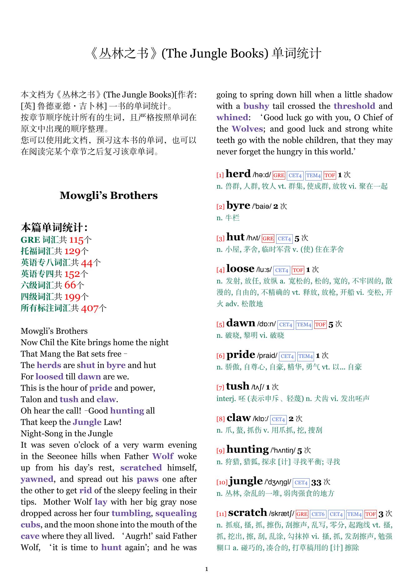 The Jungle Books章节单词统计