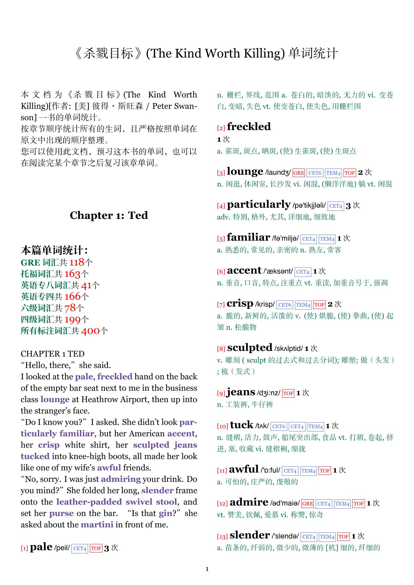 The Kind Worth Killing章节单词统计