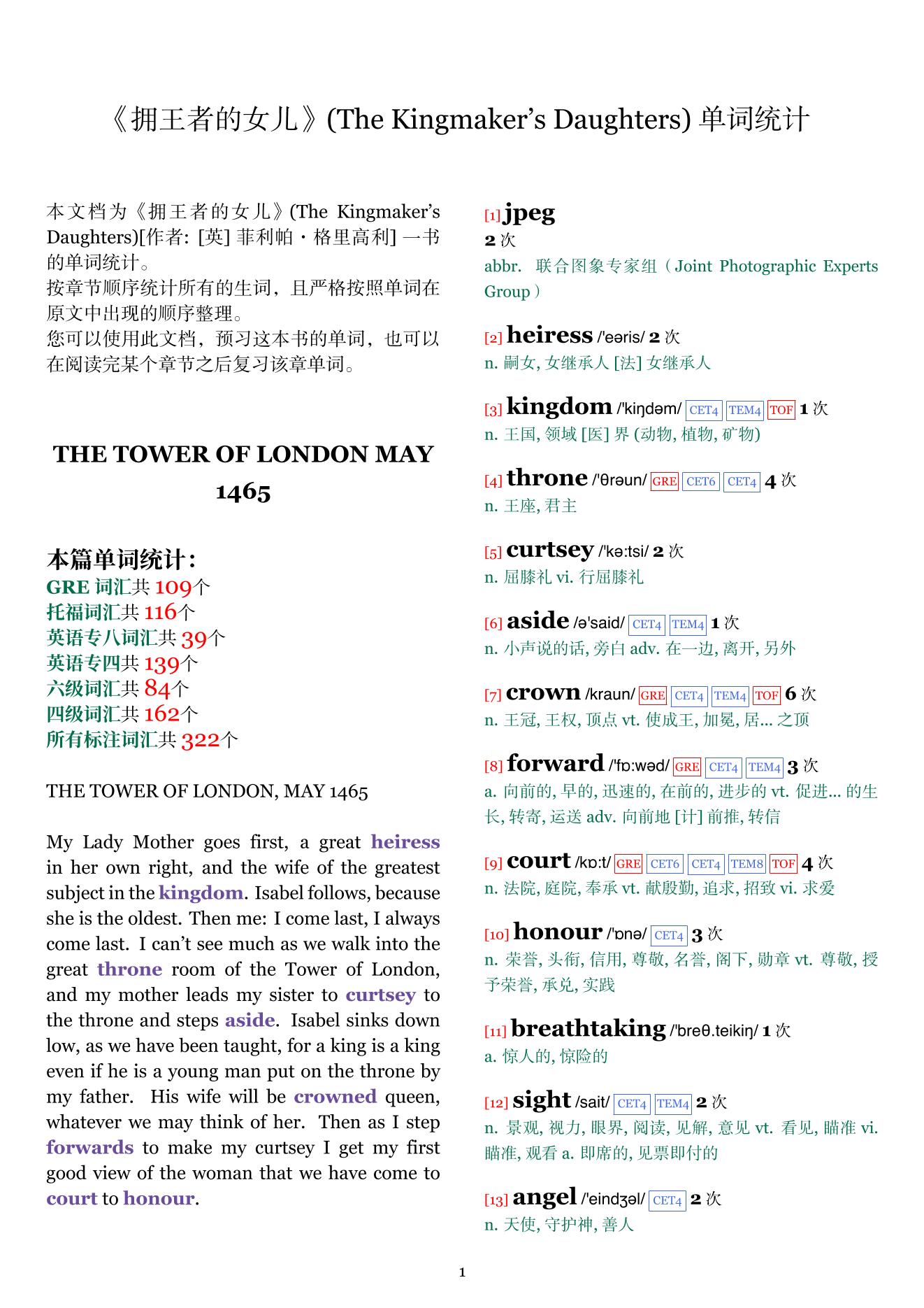 The Kingmaker's Daughters章节单词统计