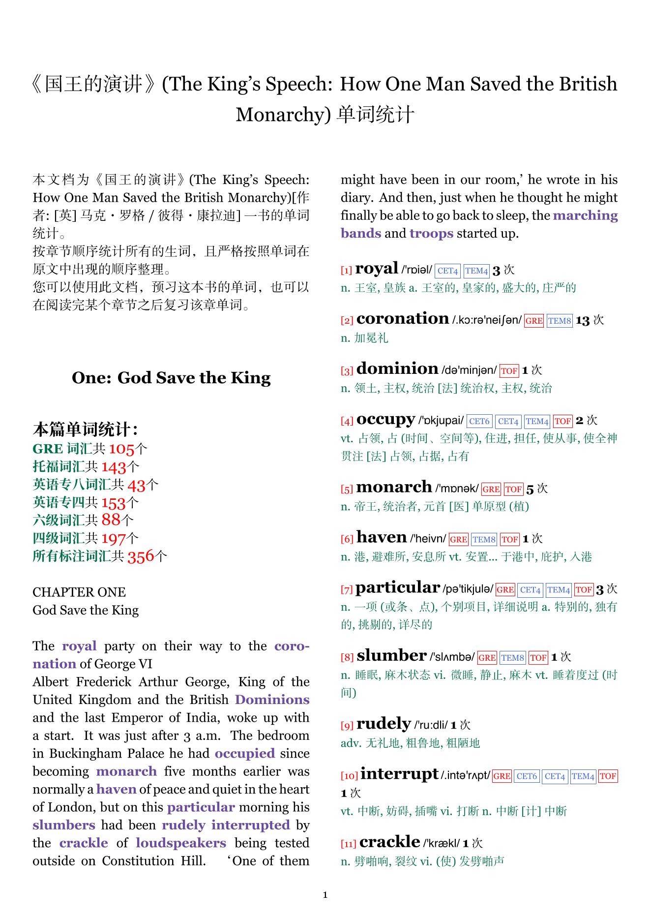 The King's Speech: How One Man Saved the British Monarchy章节单词统计