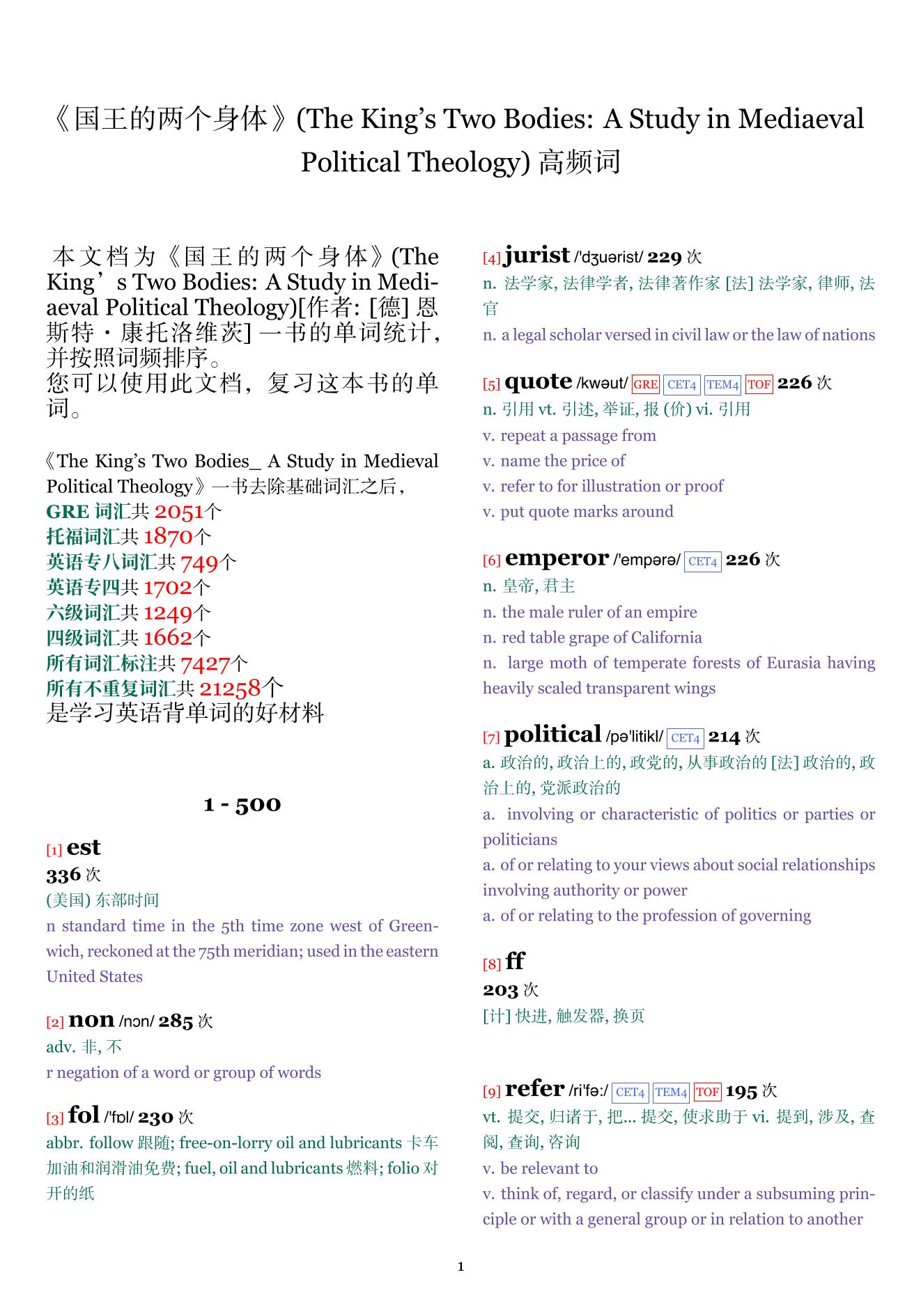 The King’s Two Bodies: A Study in Mediaeval Political Theology词频统计