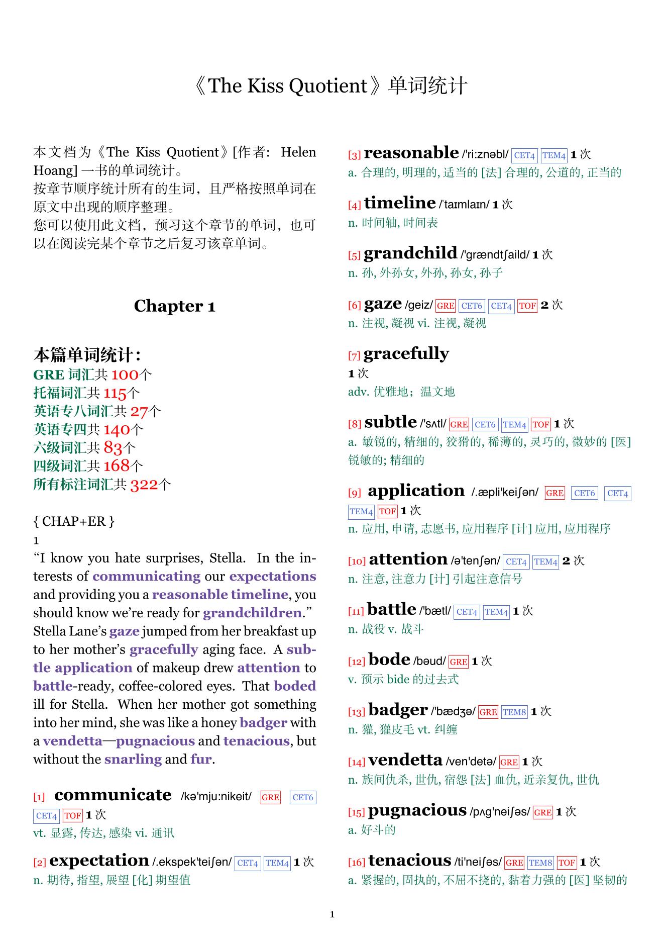 The Kiss Quotient章节单词统计
