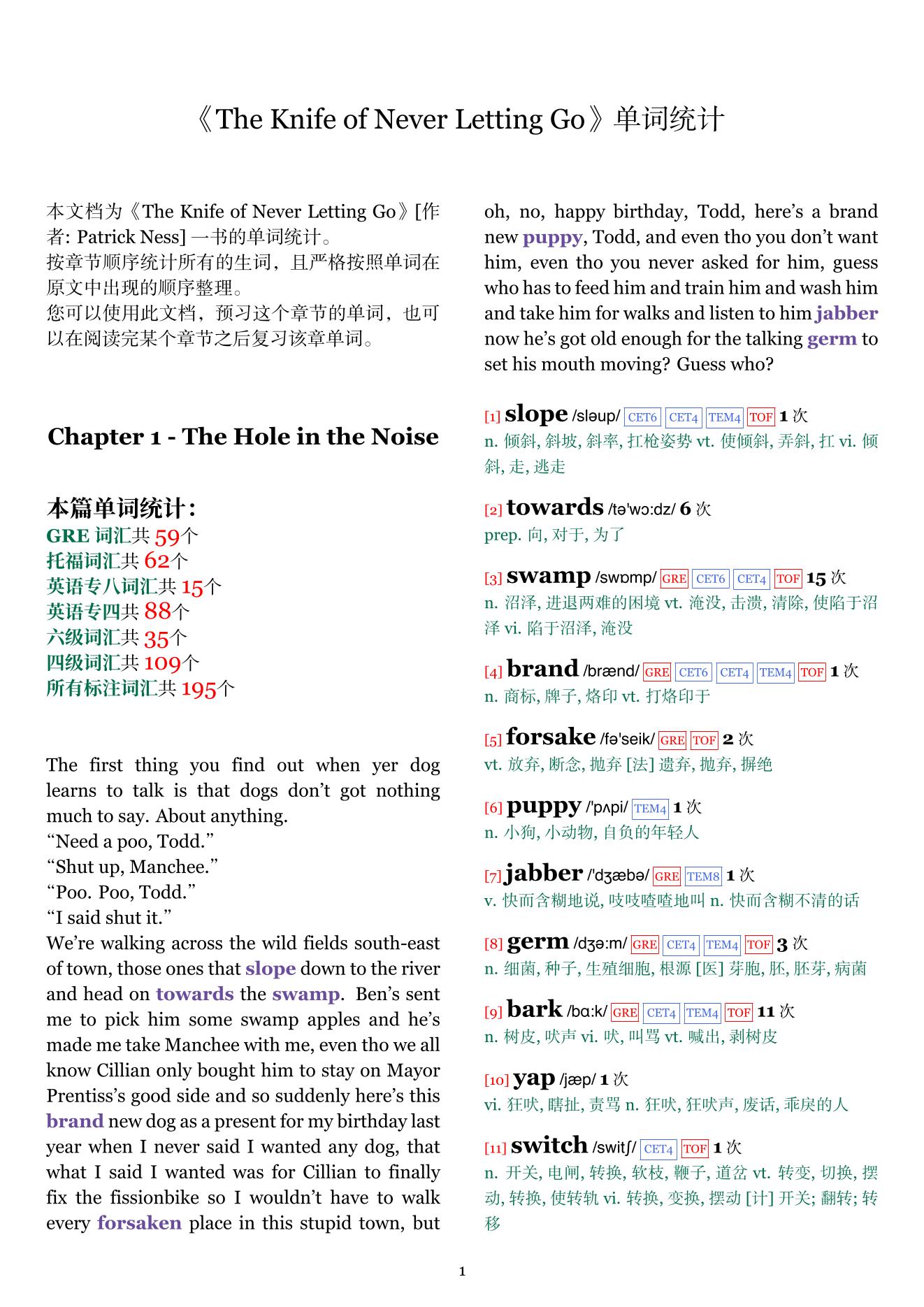 The Knife of Never Letting Go章节单词统计