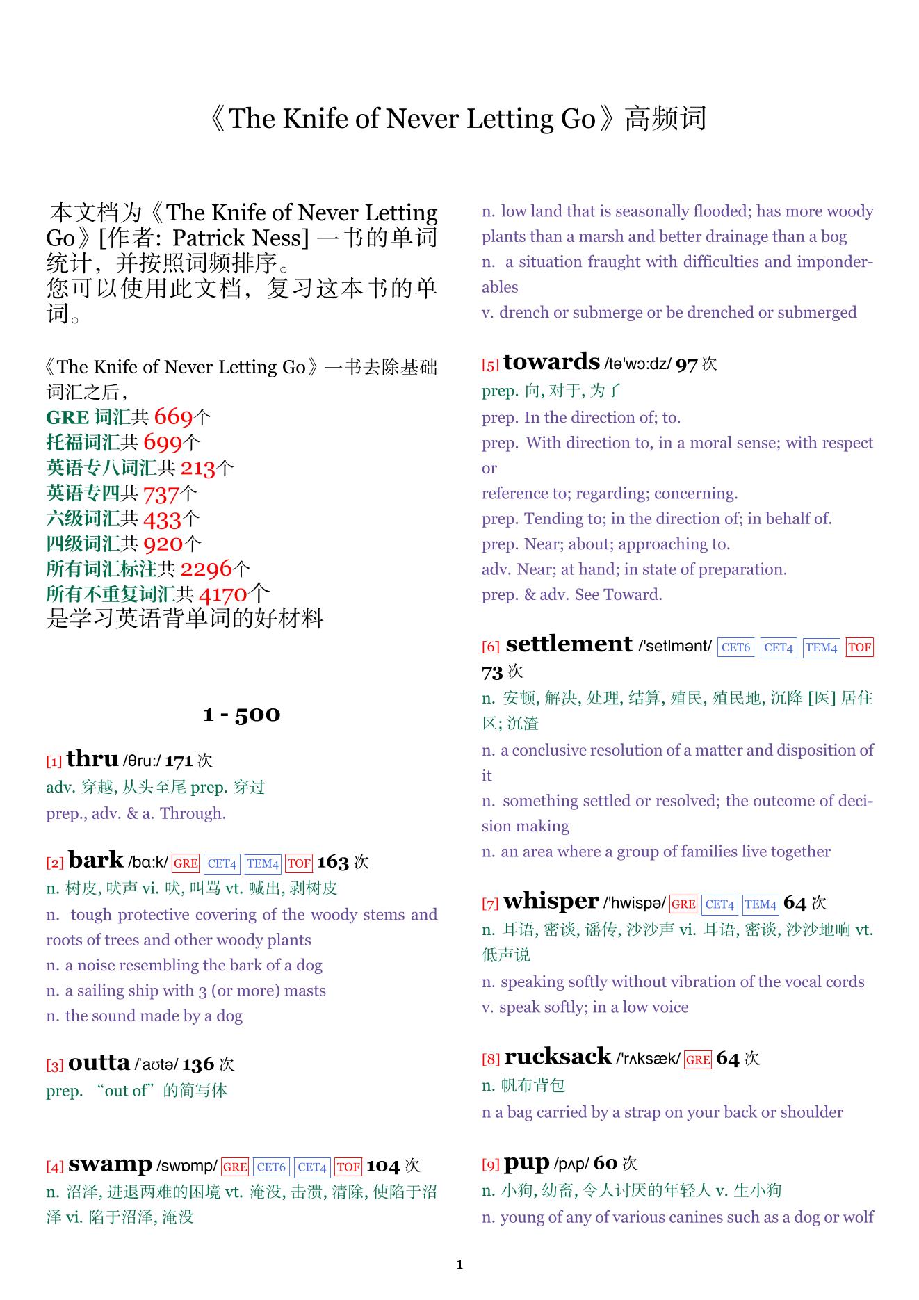 The Knife of Never Letting Go词频统计