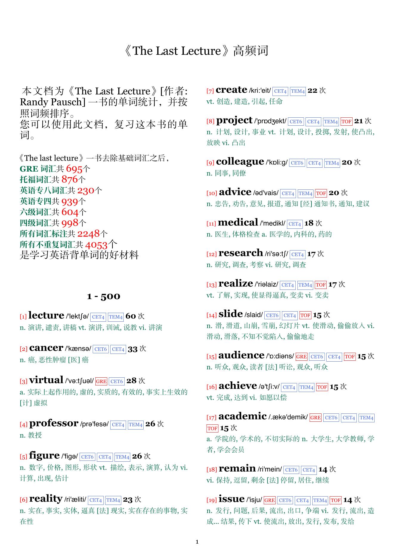The Last Lecture词频统计