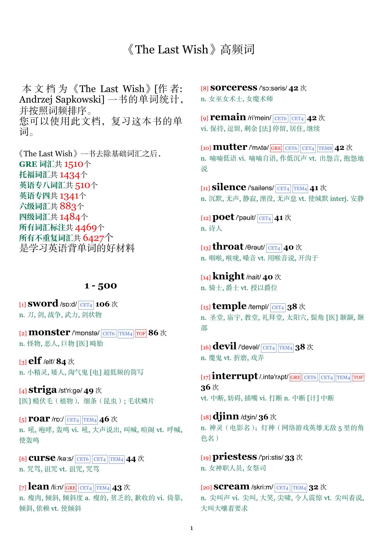 The Last Wish词频统计
