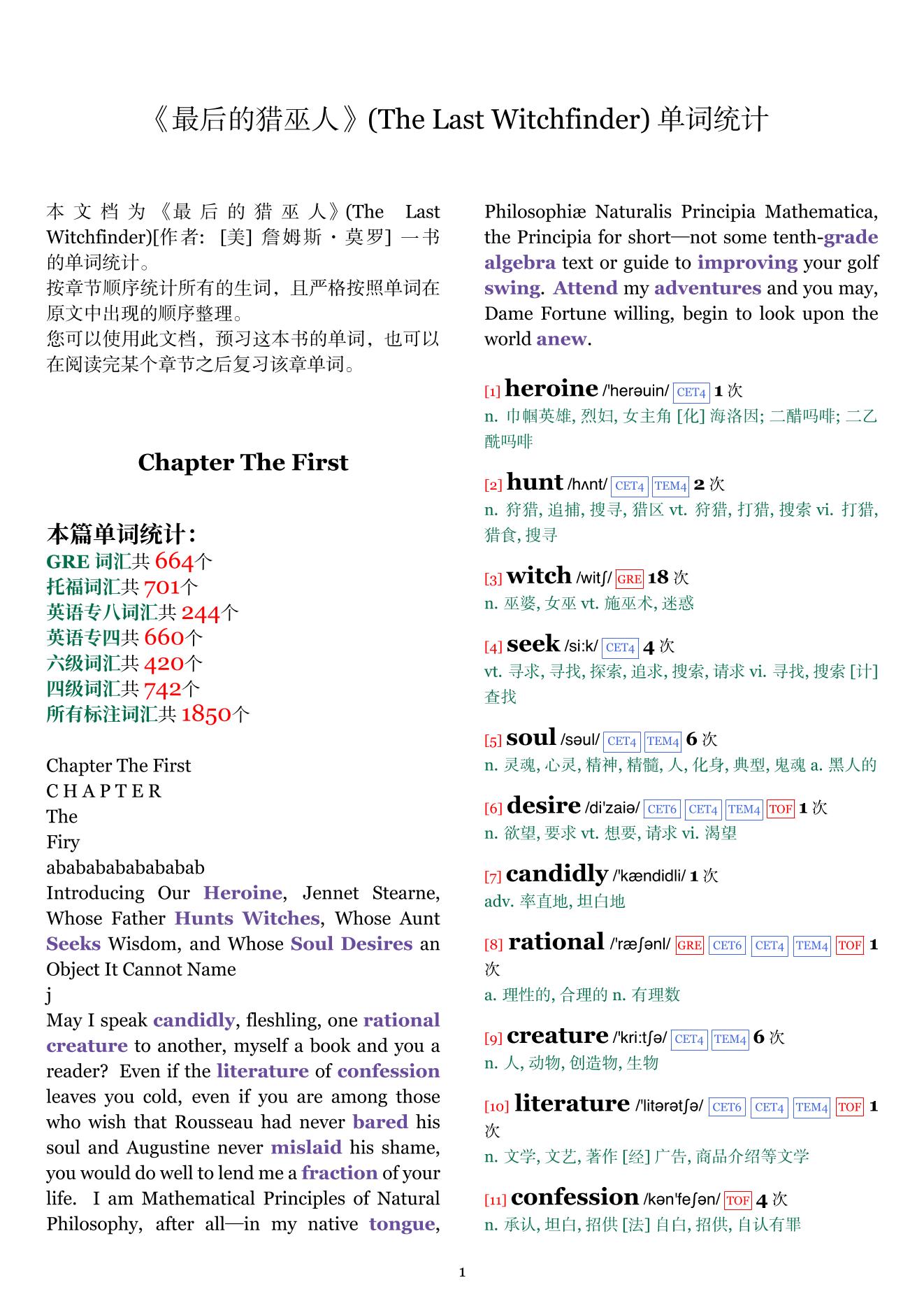 The Last Witchfinder章节单词统计