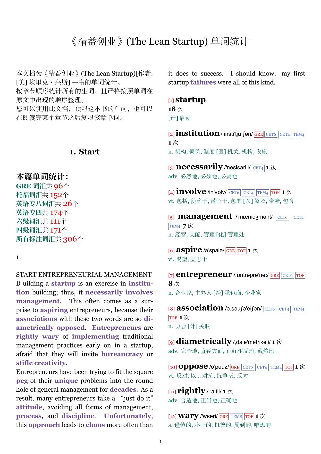 The Lean Startup章节单词统计
