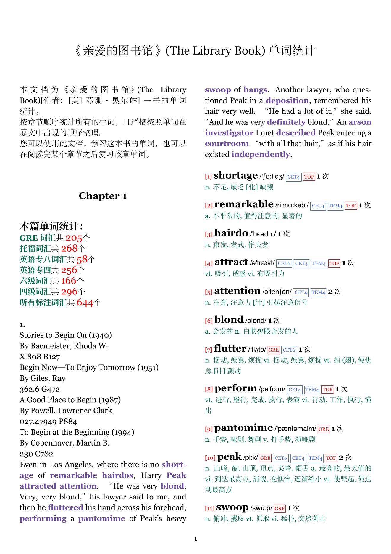 The Library Book章节单词统计