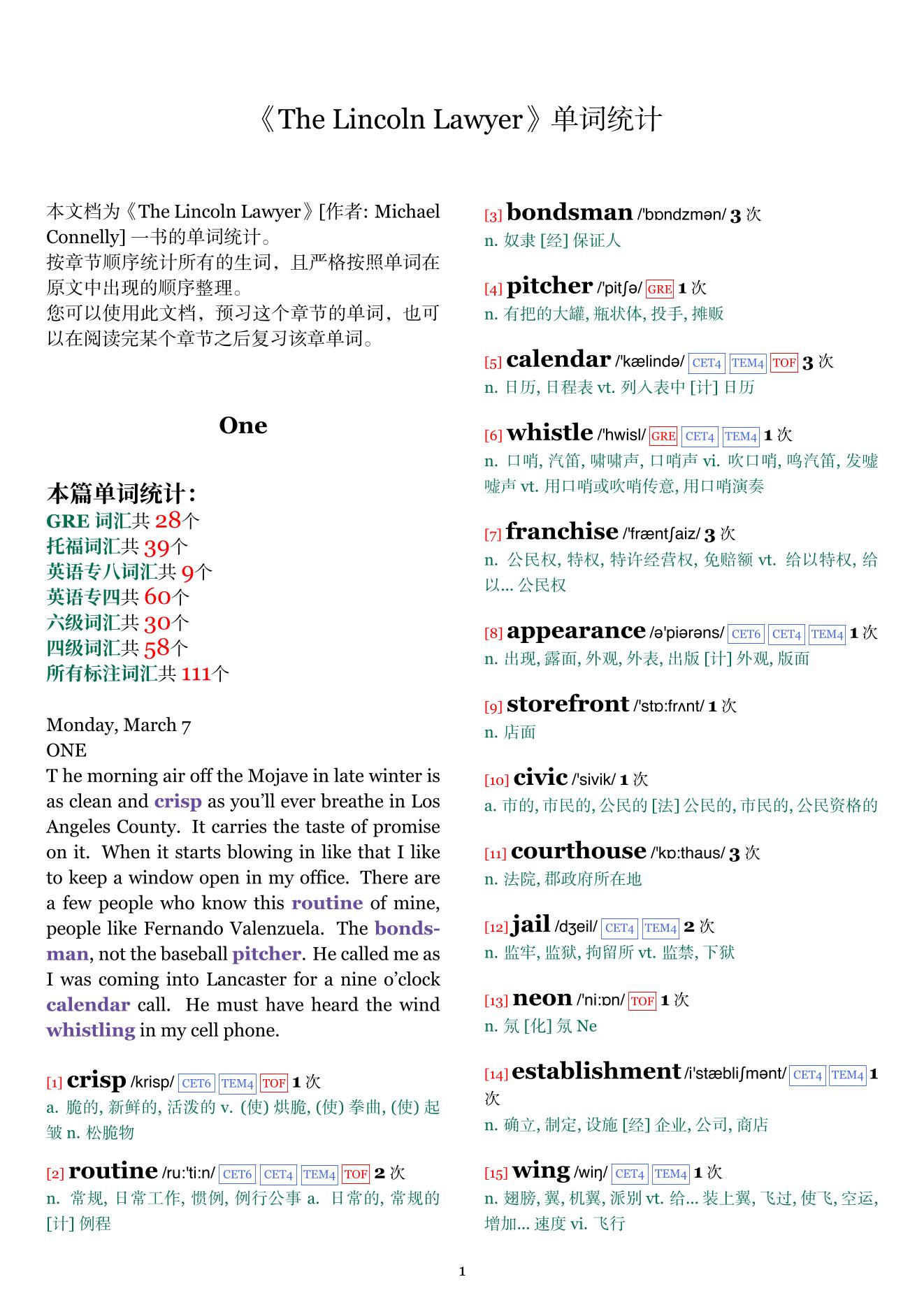 The Lincoln Lawyer章节单词统计