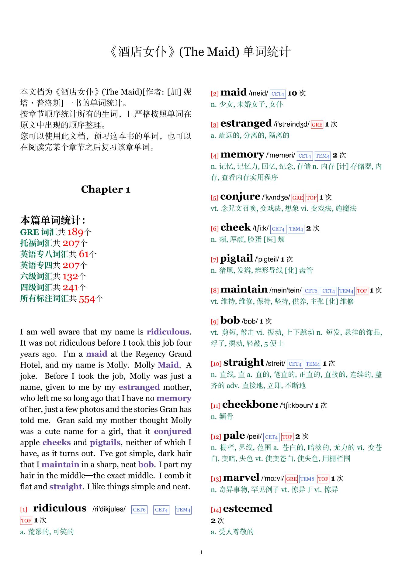 The Maid章节单词统计