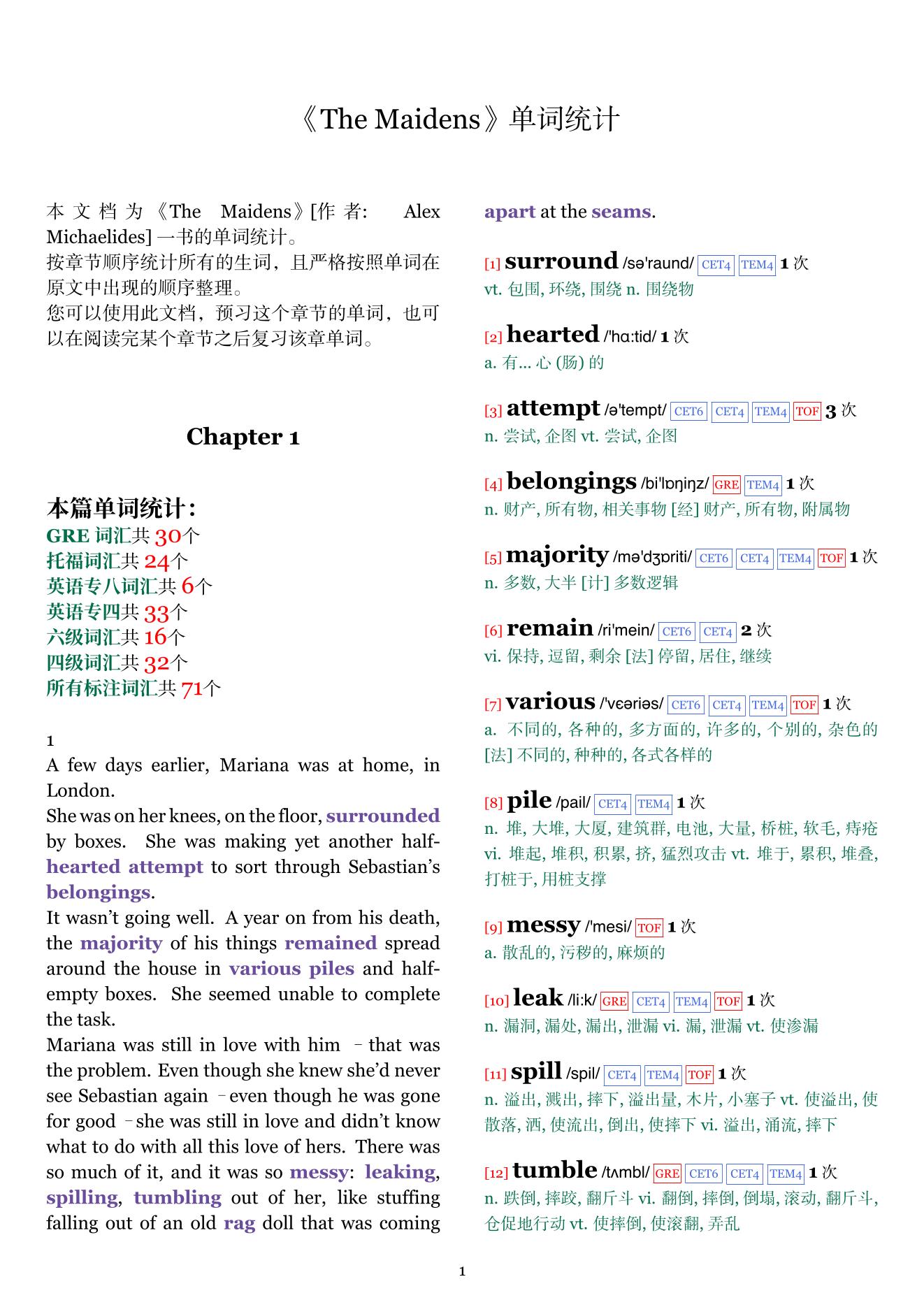The Maidens章节单词统计