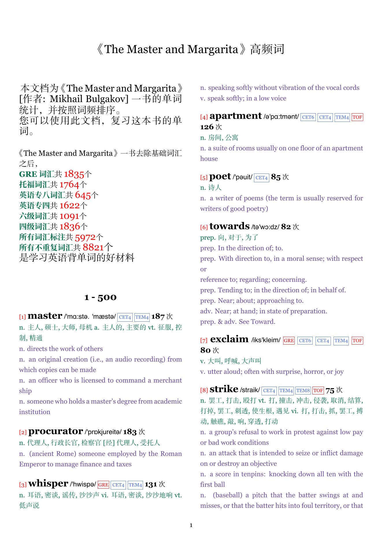 The Master and Margarita词频统计