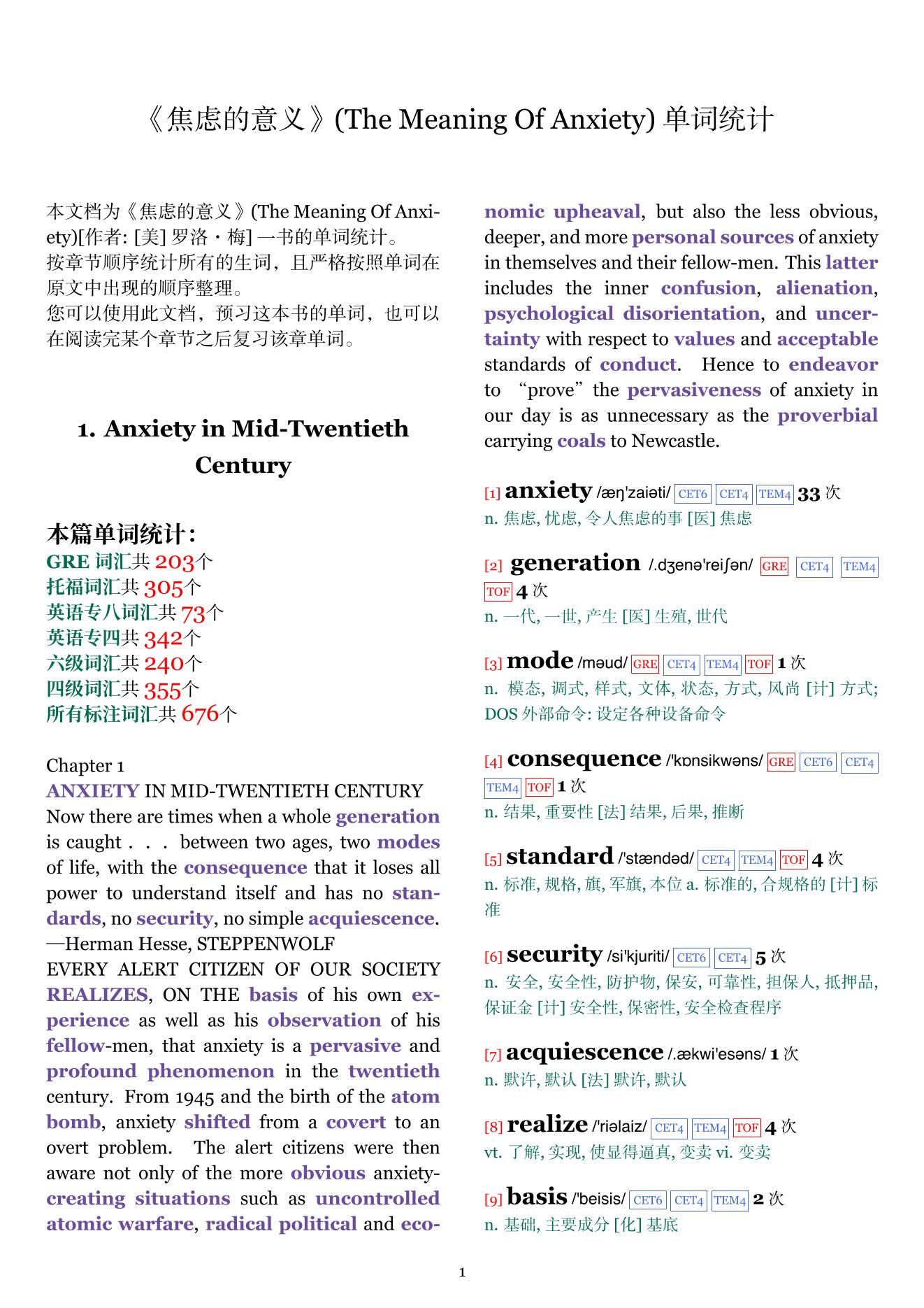 The Meaning Of Anxiety章节单词统计